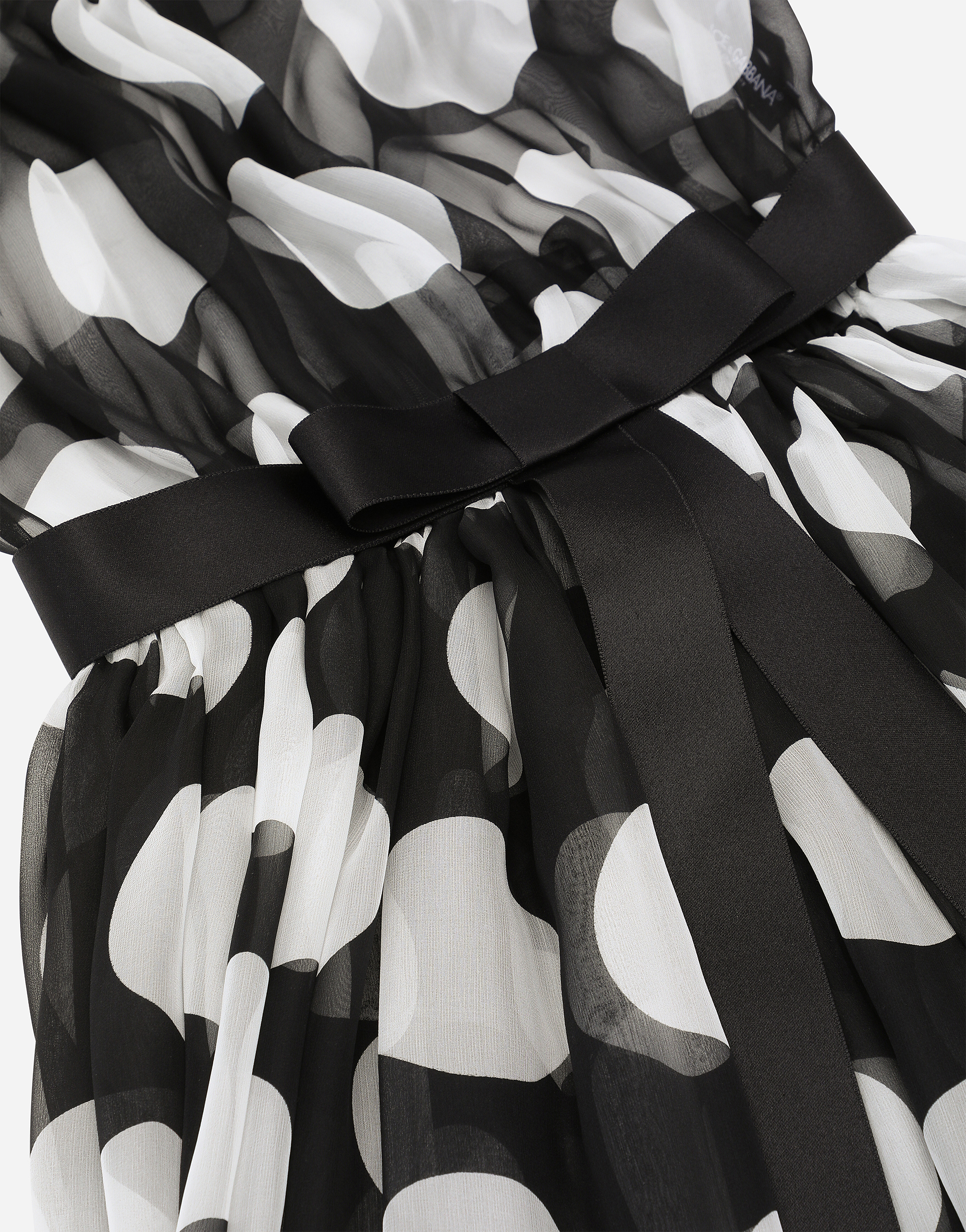 Polka-dot chiffon calf-length dress with piqué details