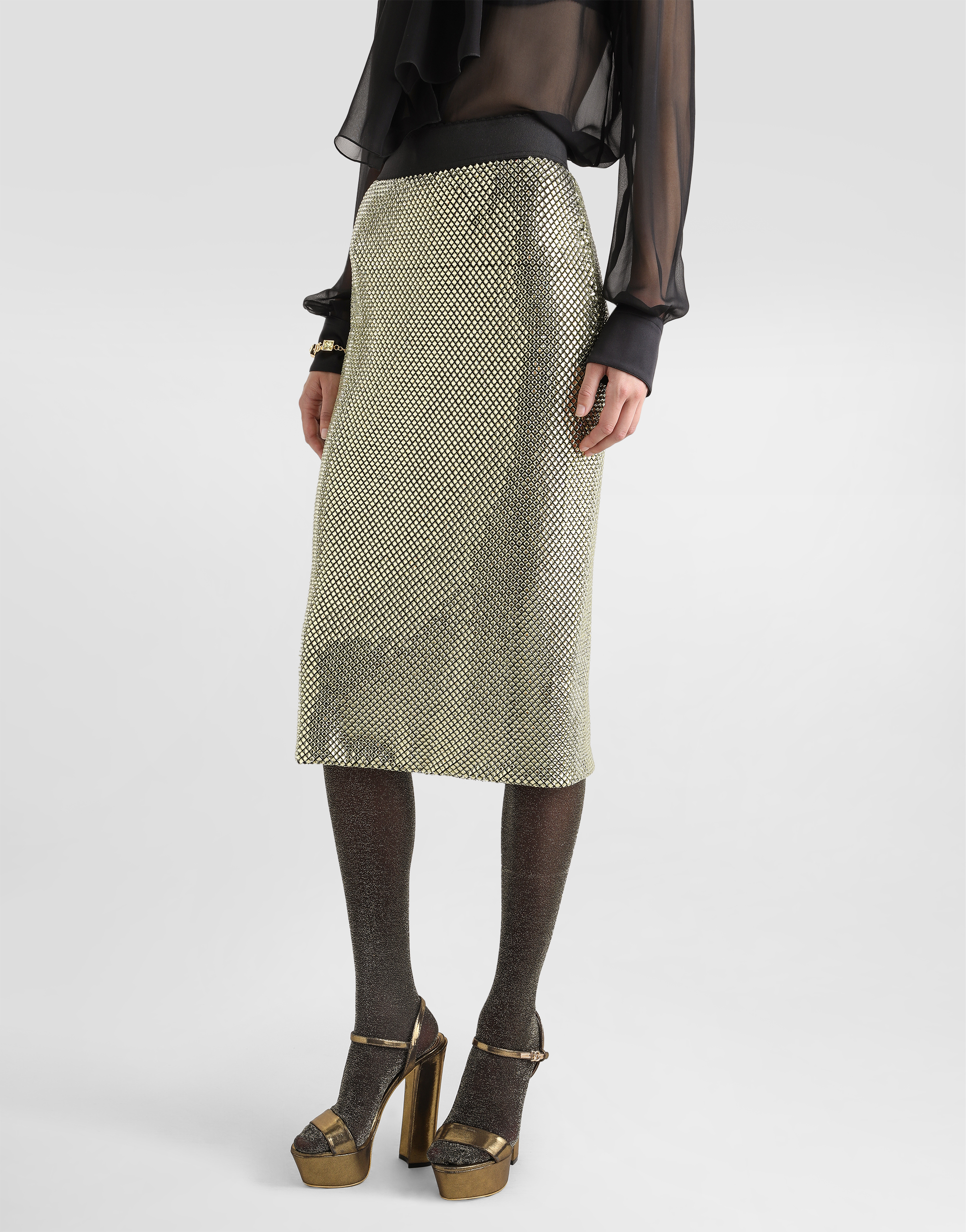 Dolce & Gabbana Midi Pencil Skirt In Crystal Mesh In Oro