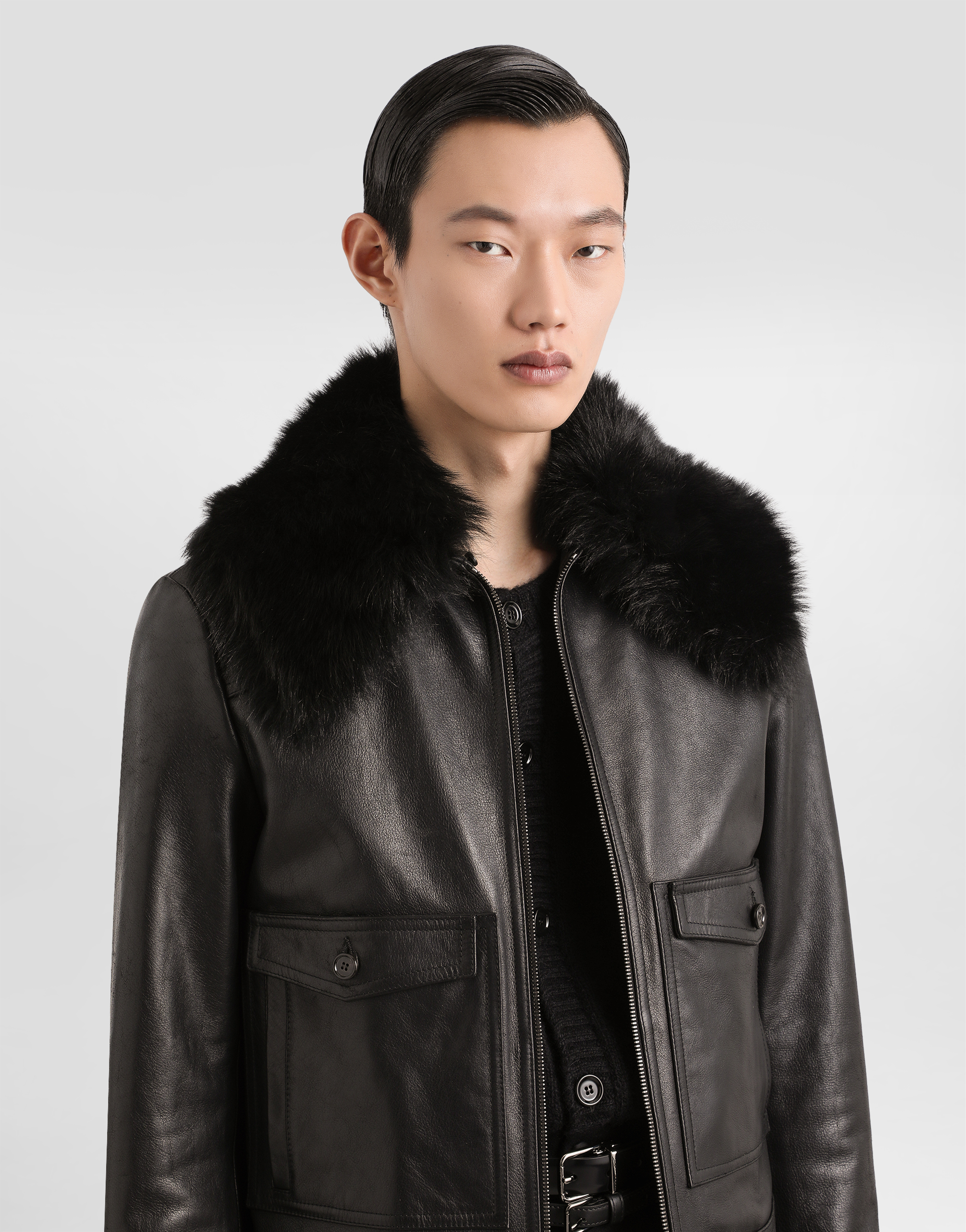 Leather jacket with fur collar