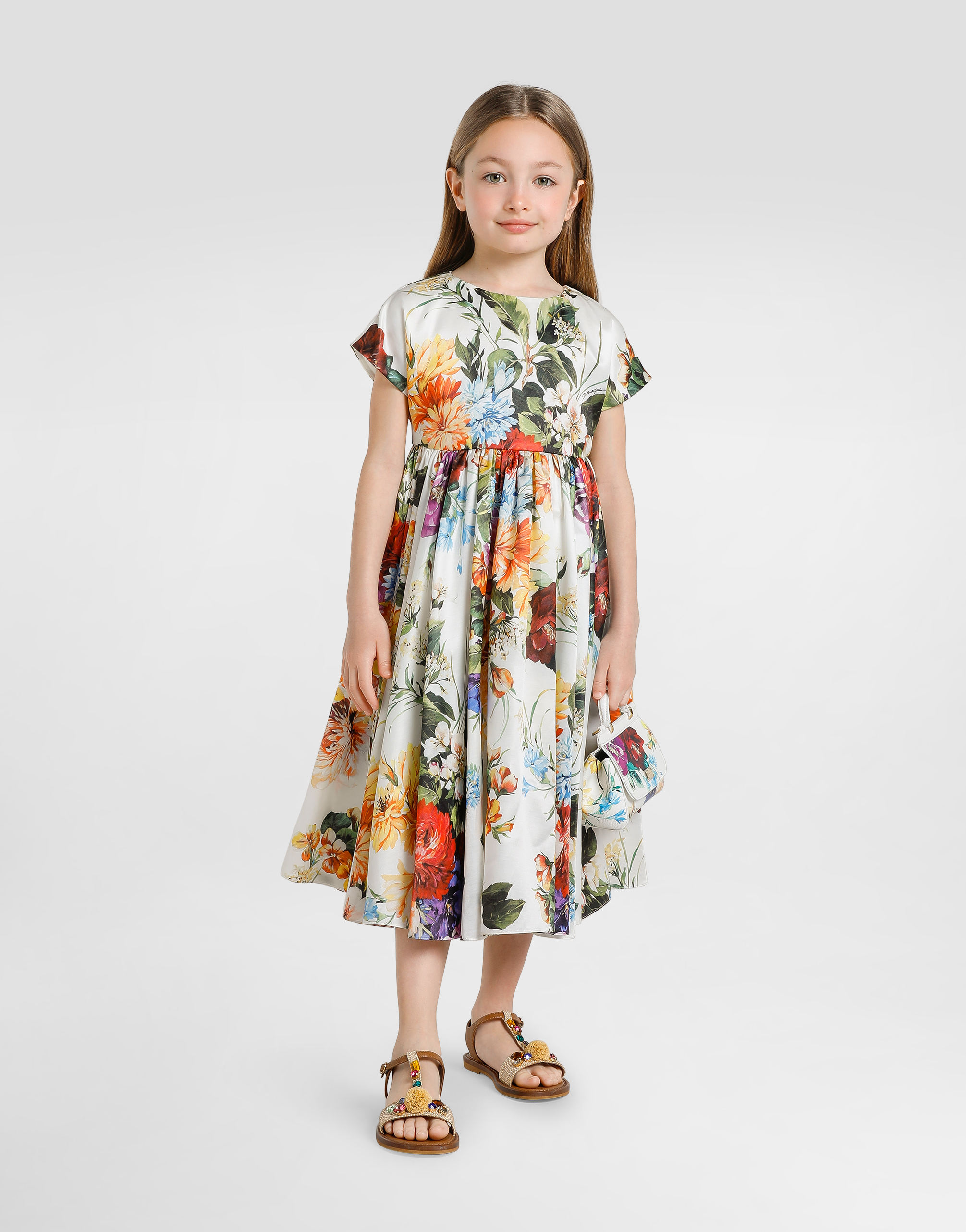 Flower-print short-sleeved organza dress