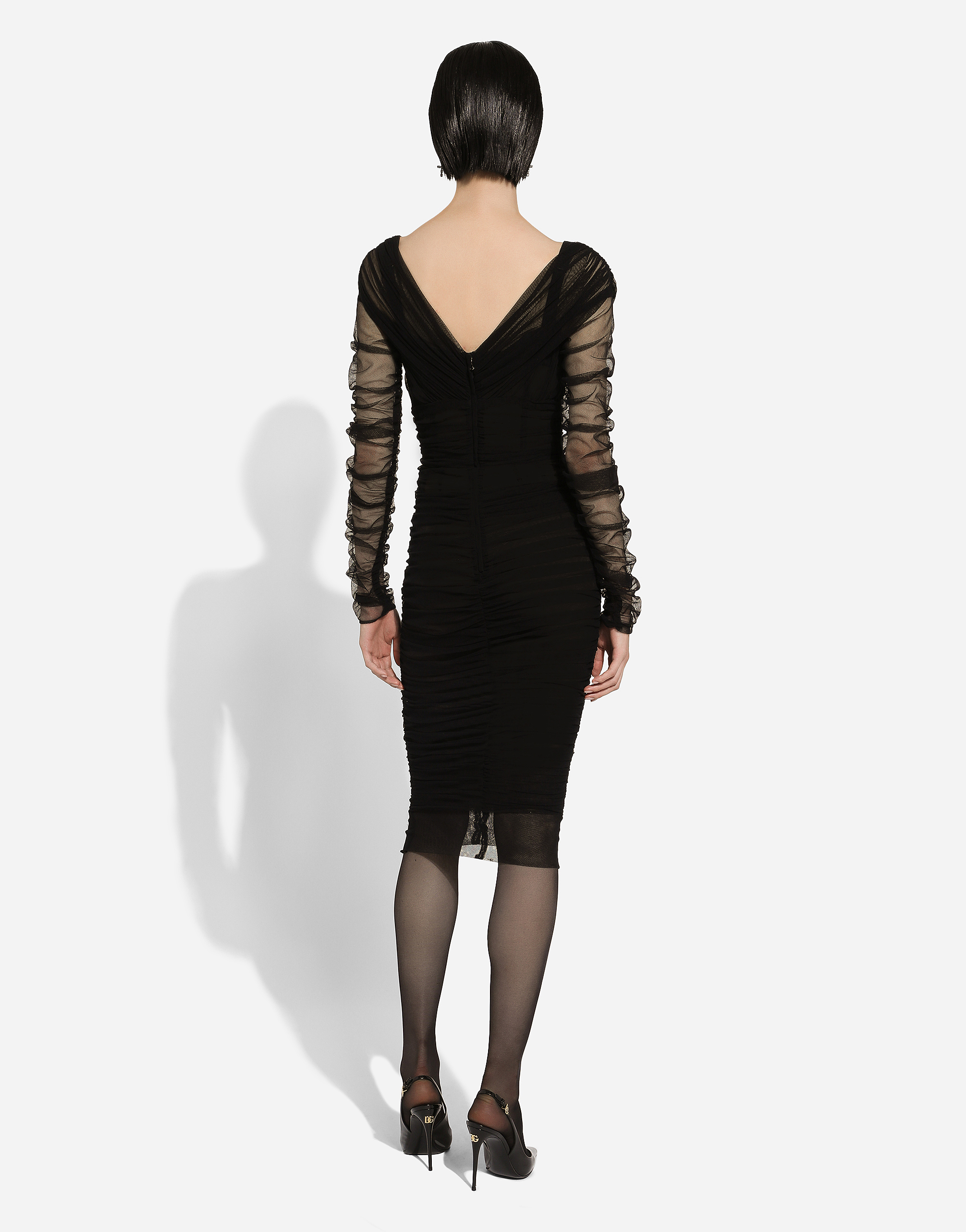 Dolce & Gabbana Draped Midi Dress In Cotton Tulle In Black