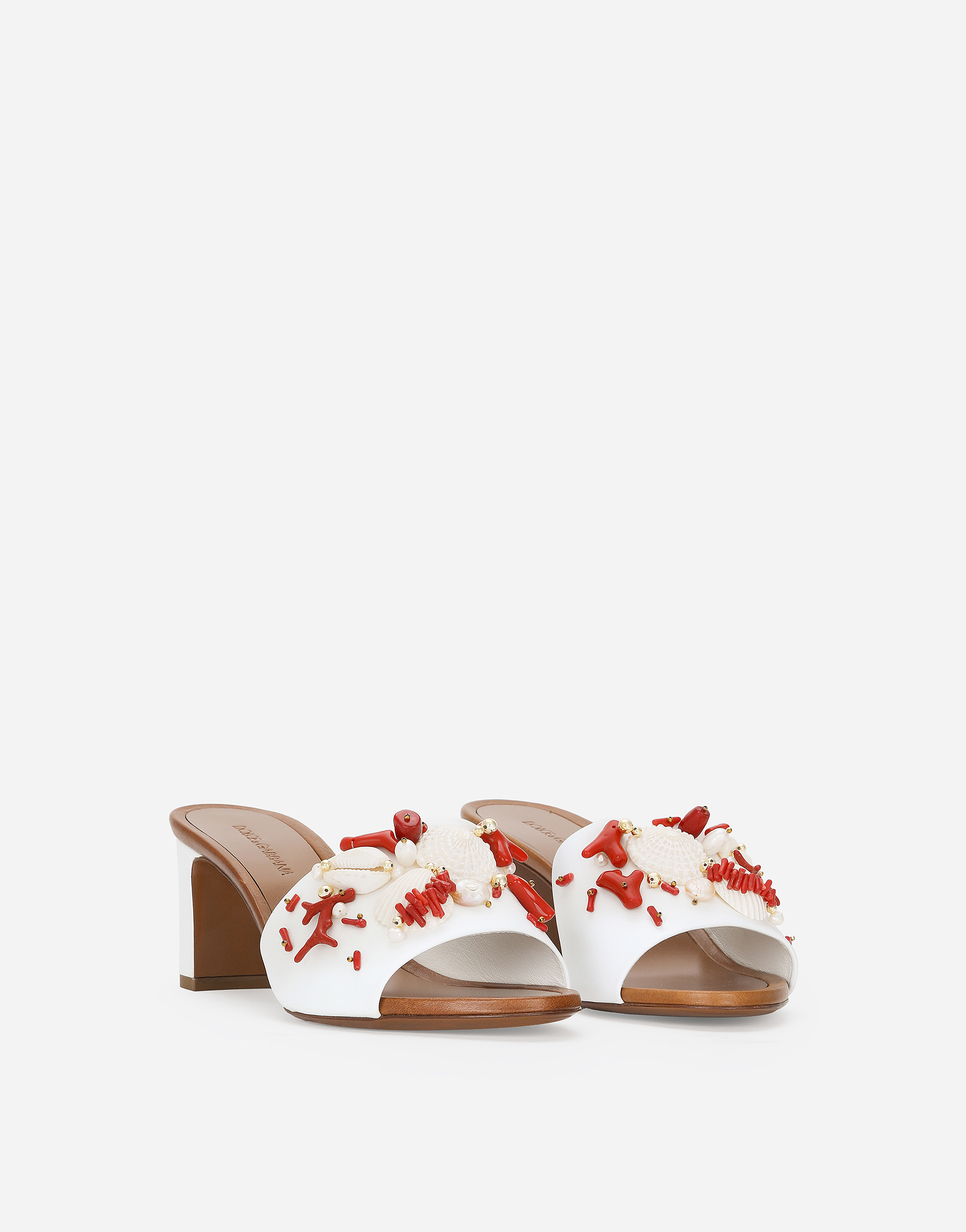 Dolce & Gabbana Coral Beaded Leather Slide Sandals In White