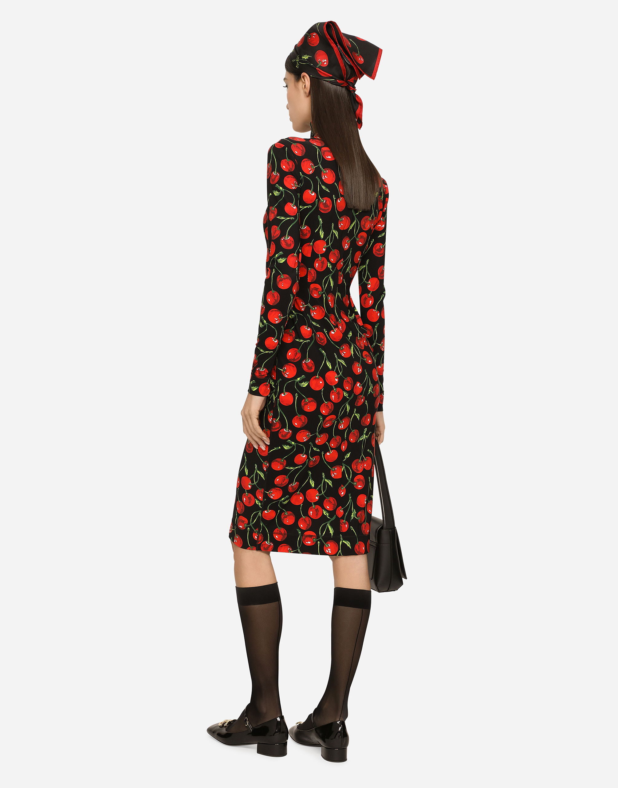 Long-sleeved jersey midi dress with cherry print