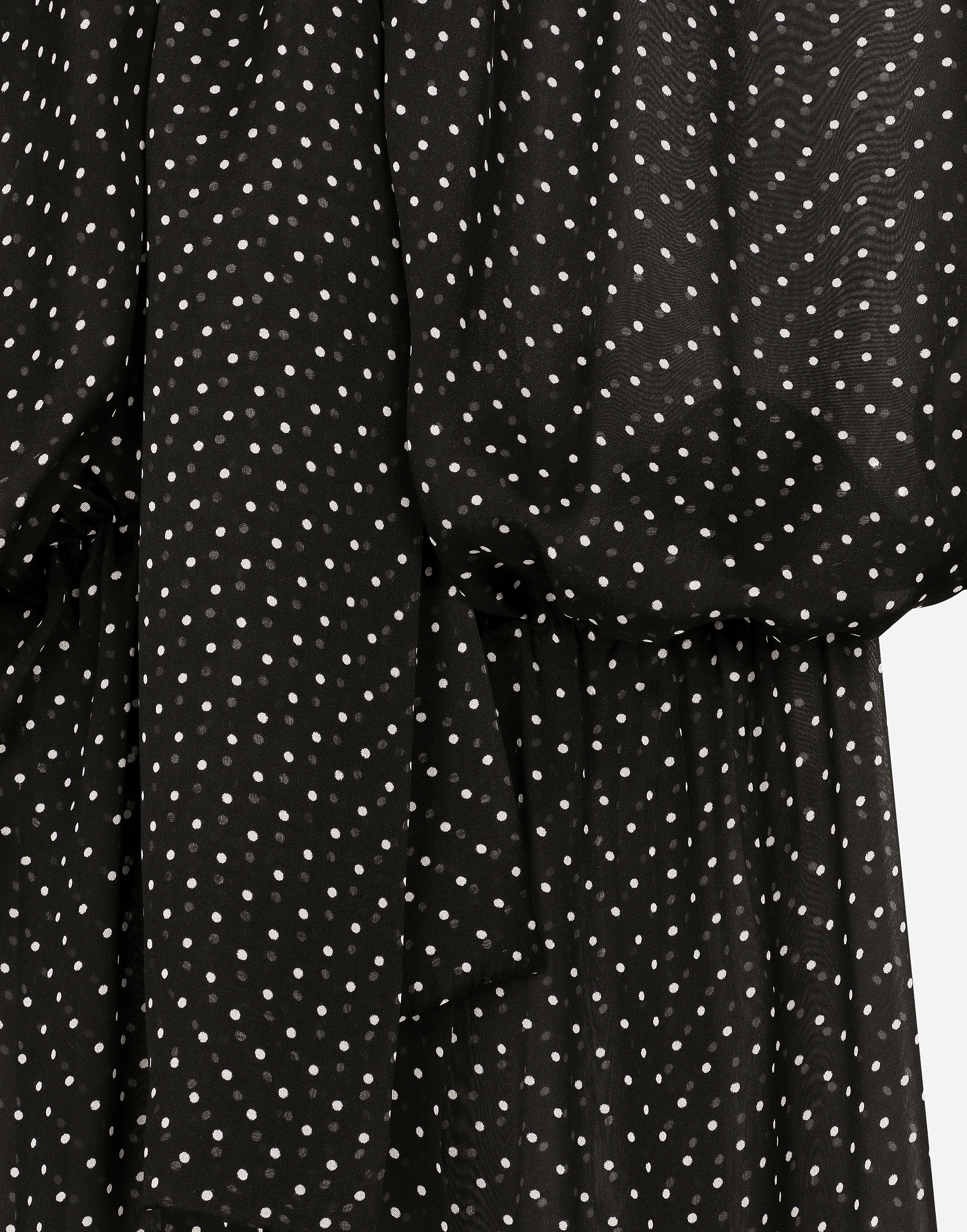 Long silk chiffon dress with polka-dot print, a pussy-bow detail and flower on neck