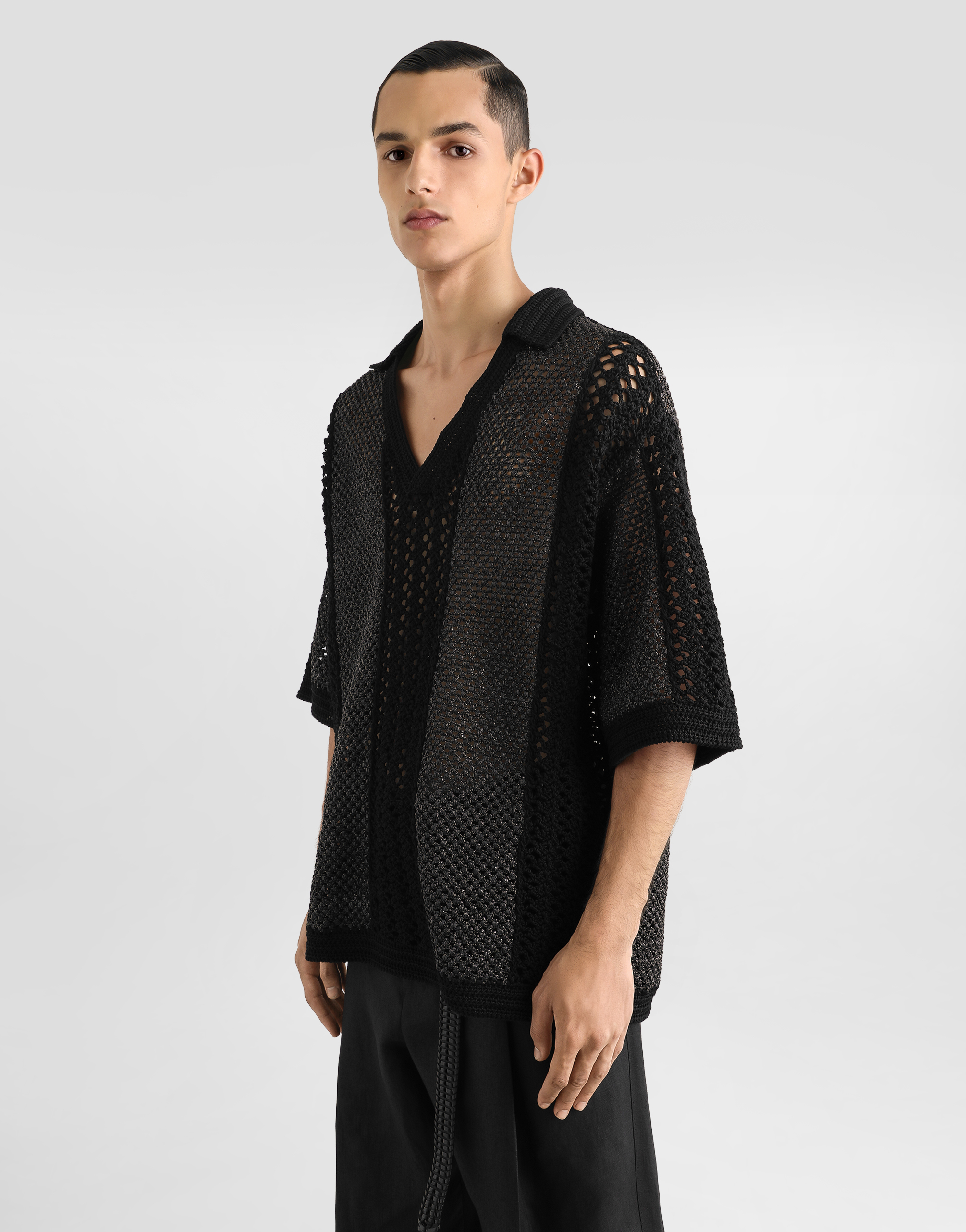 Dolce & Gabbana Short-sleeved Cotton Crochet Polo-shirt In Black