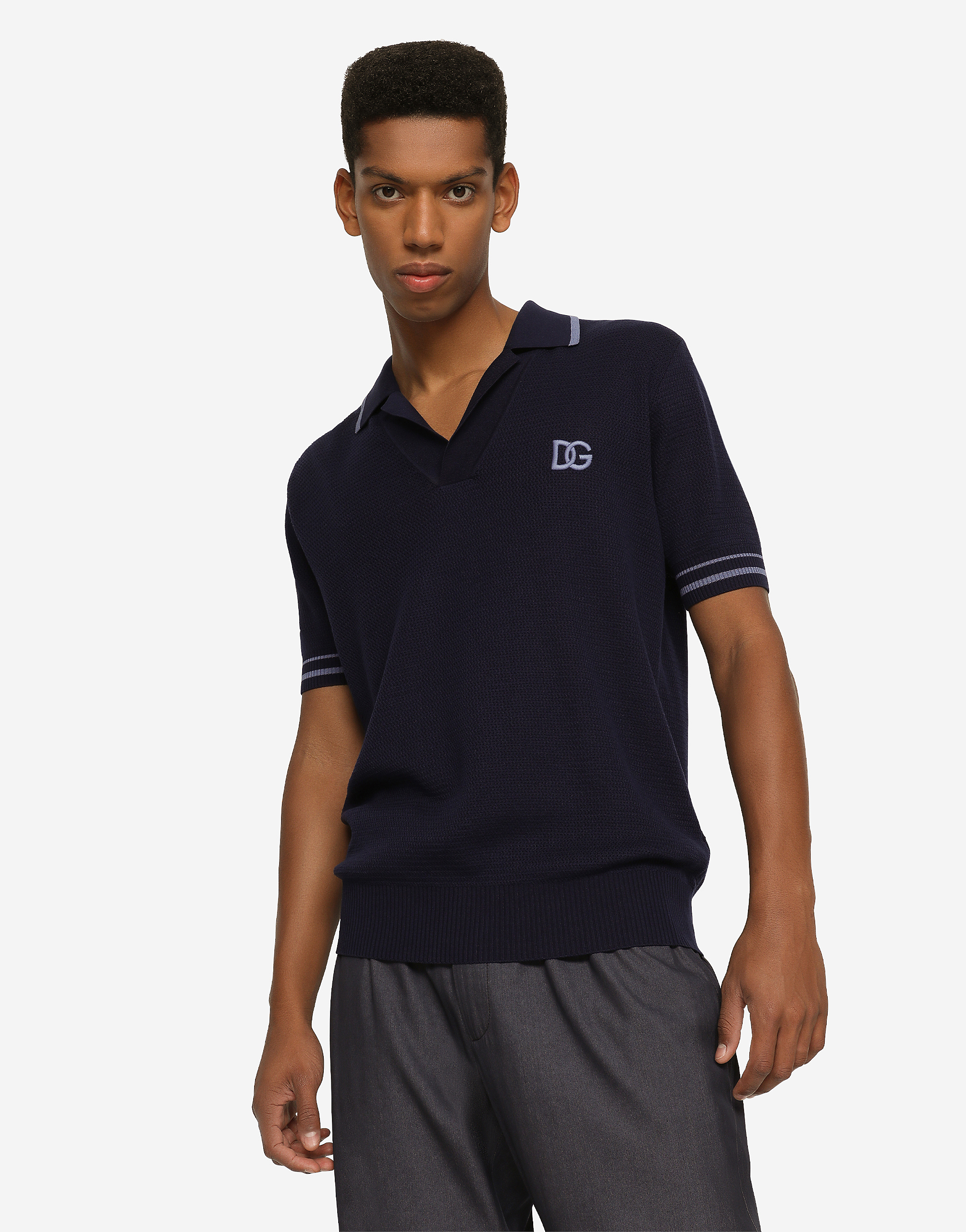 DOLCE & GABBANA MESH-STITCH COTTON POLO-SHIRT WITH DG EMBROIDERY