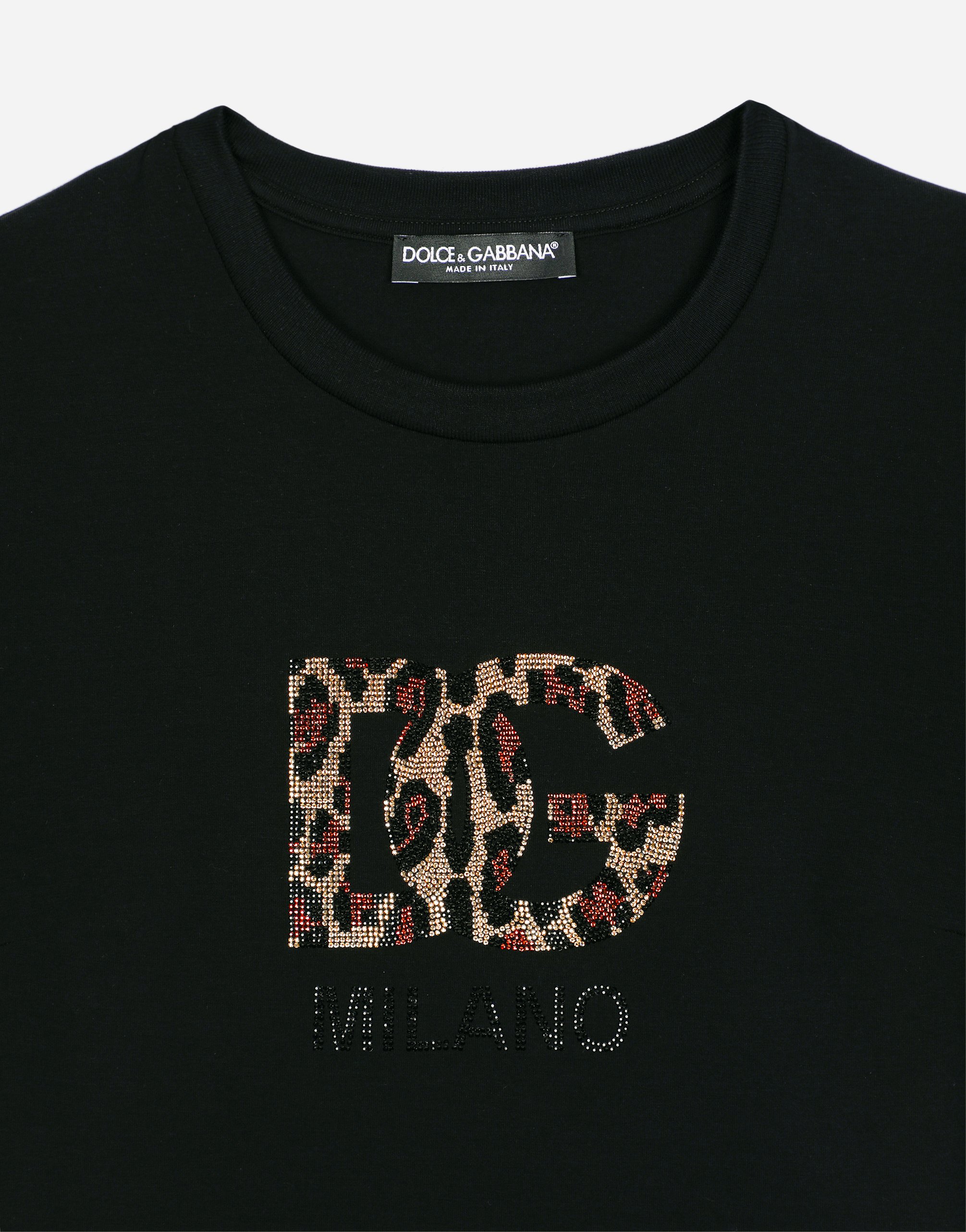 Shop Dolce & Gabbana Short T-shirt With Fusible-rhinestone Dg Logo In Black