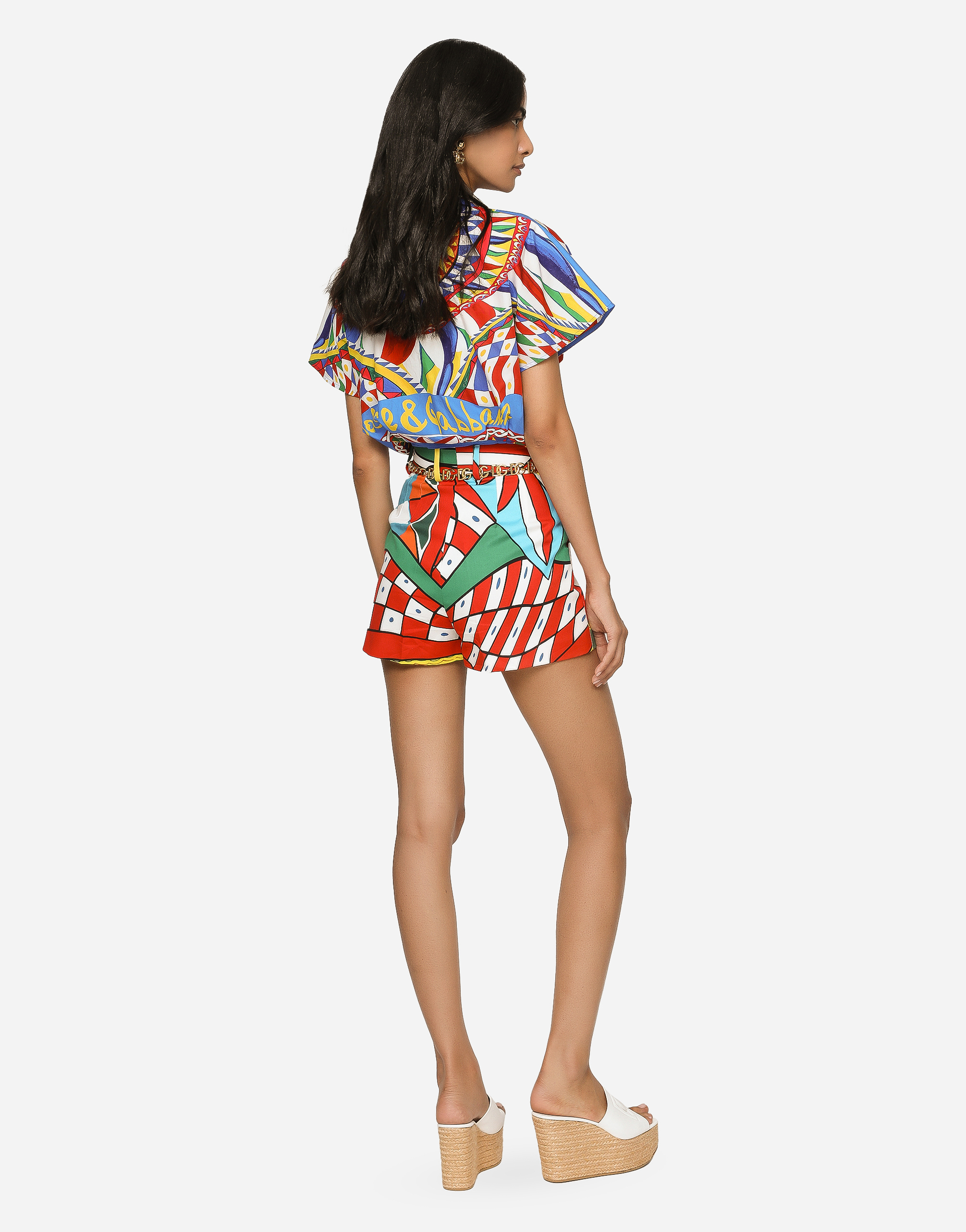 DOLCE & GABBANA SHORT CARRETTO-PRINT POPLIN SHIRT WITH KNOT DETAIL