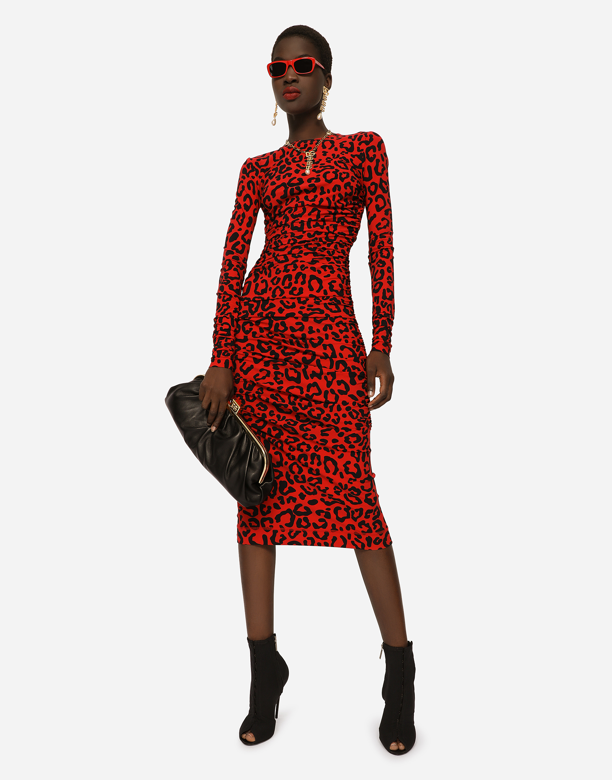 DOLCE & GABBANA LEOPARD-PRINT JERSEY CALF-LENGTH DRESS