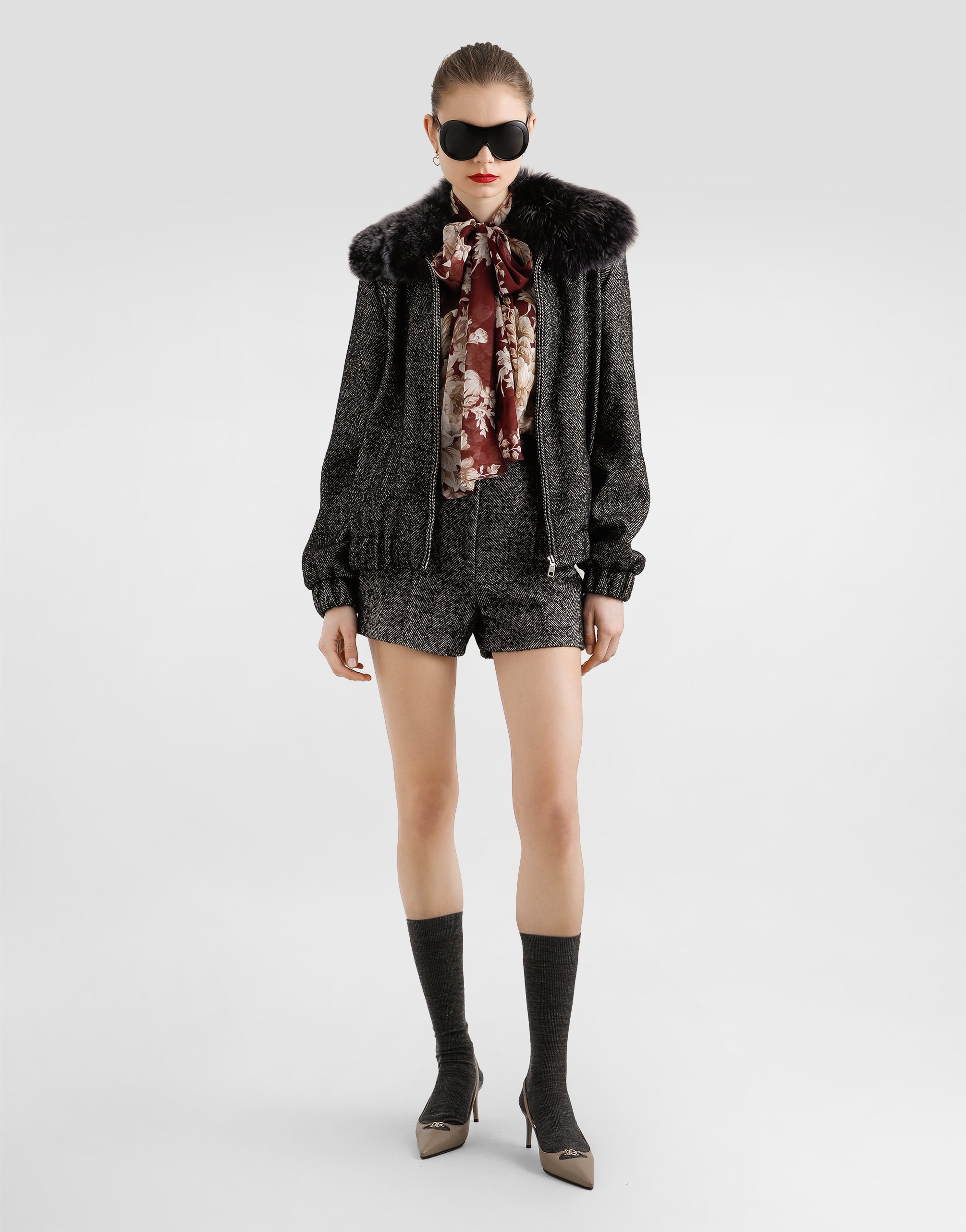 Dolce & Gabbana Herringbone Tweed Shorts In Gray