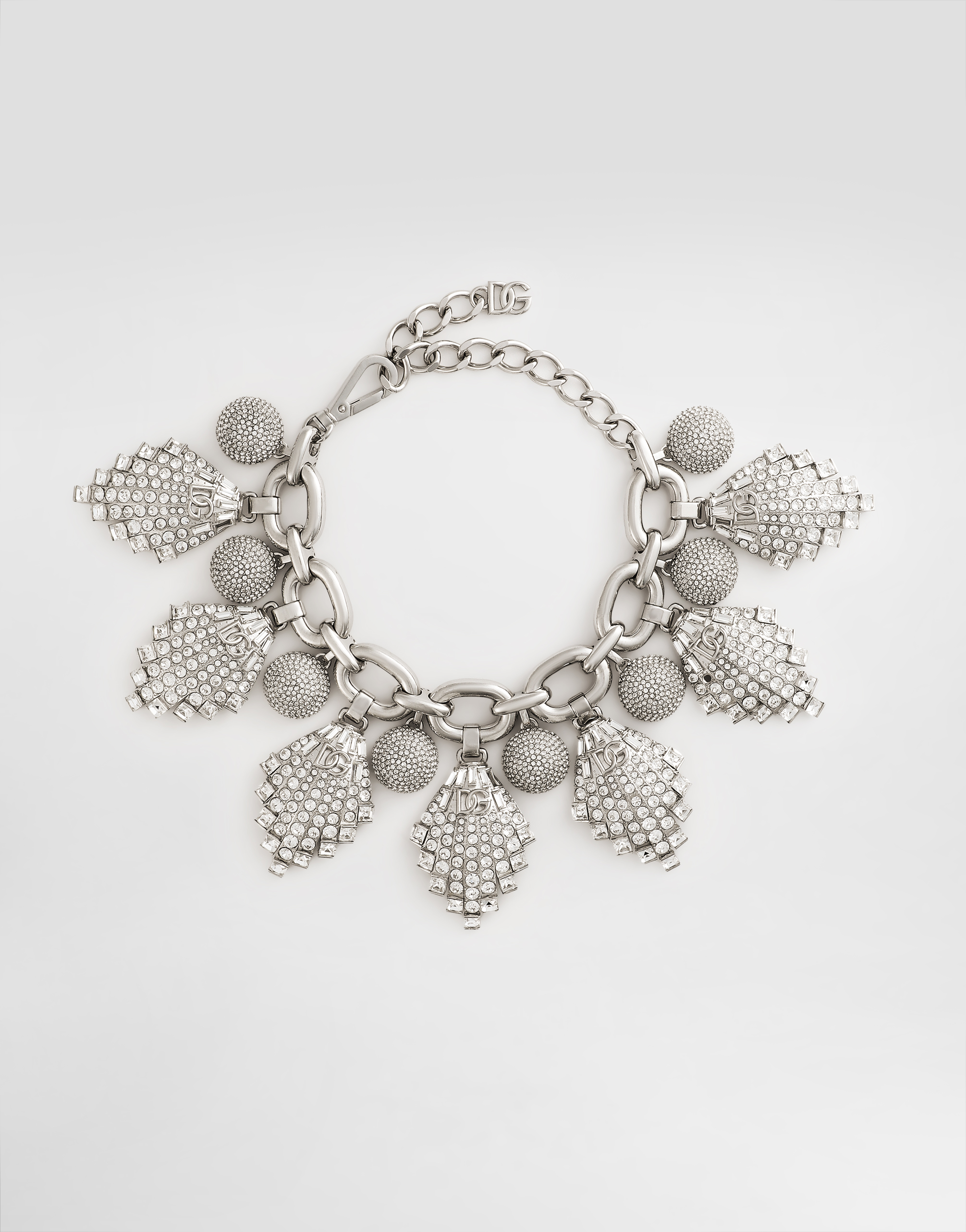 Shop Dolce & Gabbana Maxi-necklace With Chain, Rhinestones Accents And Dg Logo In Silver