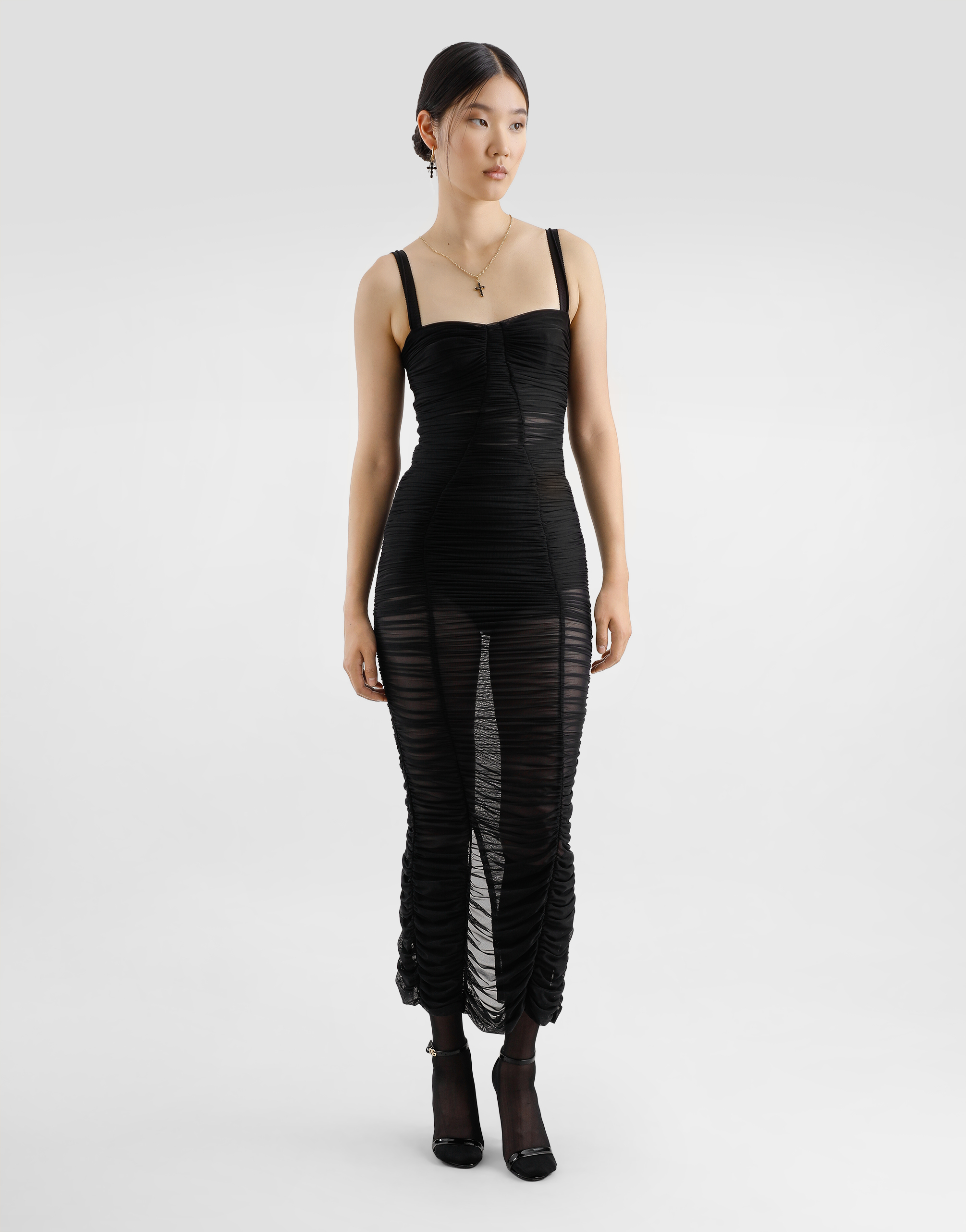 Dolce & Gabbana Calf-length Stretch Tulle Slip Dress In Black