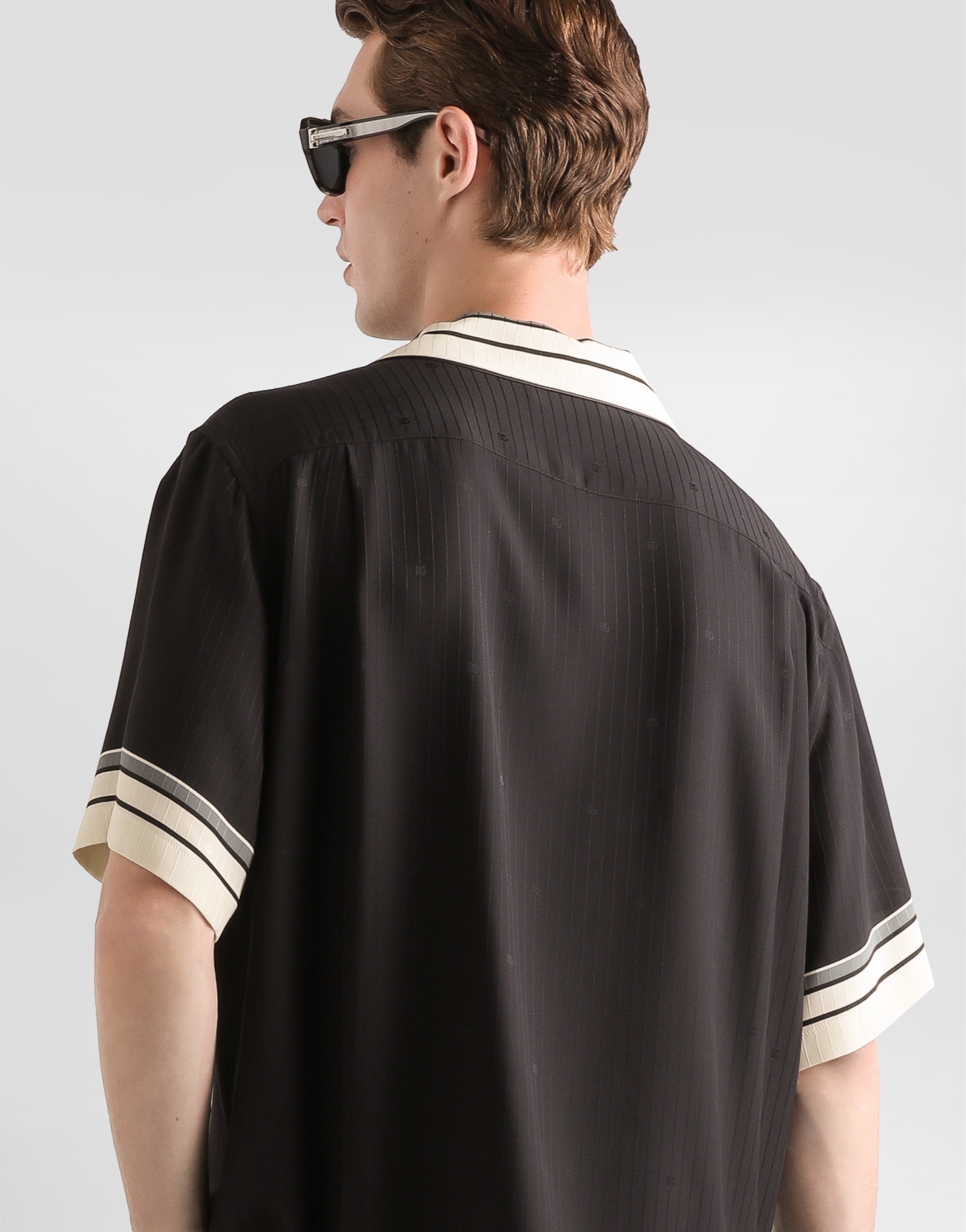 Dolce & Gabbana Men Hawaii Shirt With Logo And Striped Print In Black