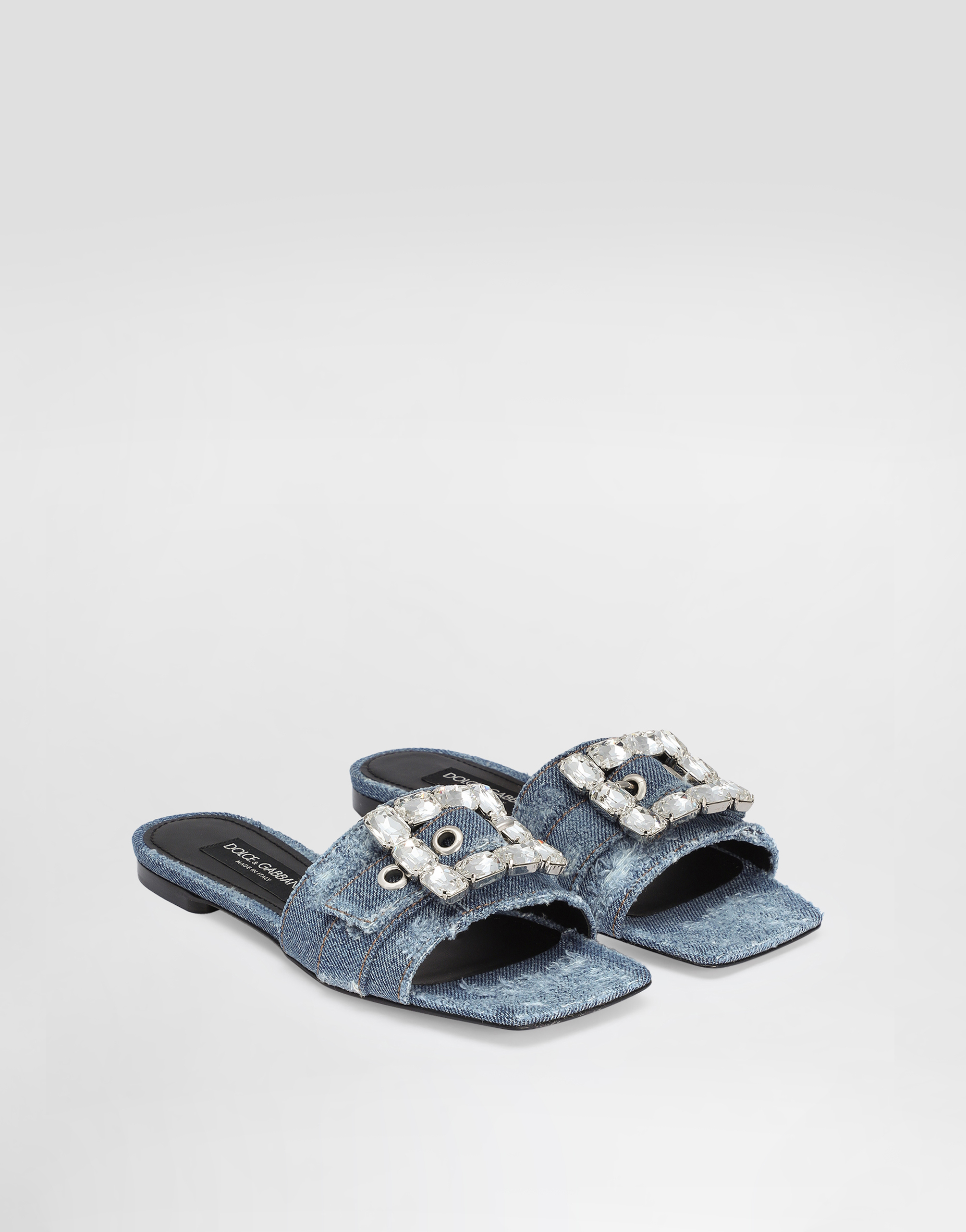 Shop Dolce & Gabbana Patchwork Denim Slides With Rhinestone Buckle In Blue