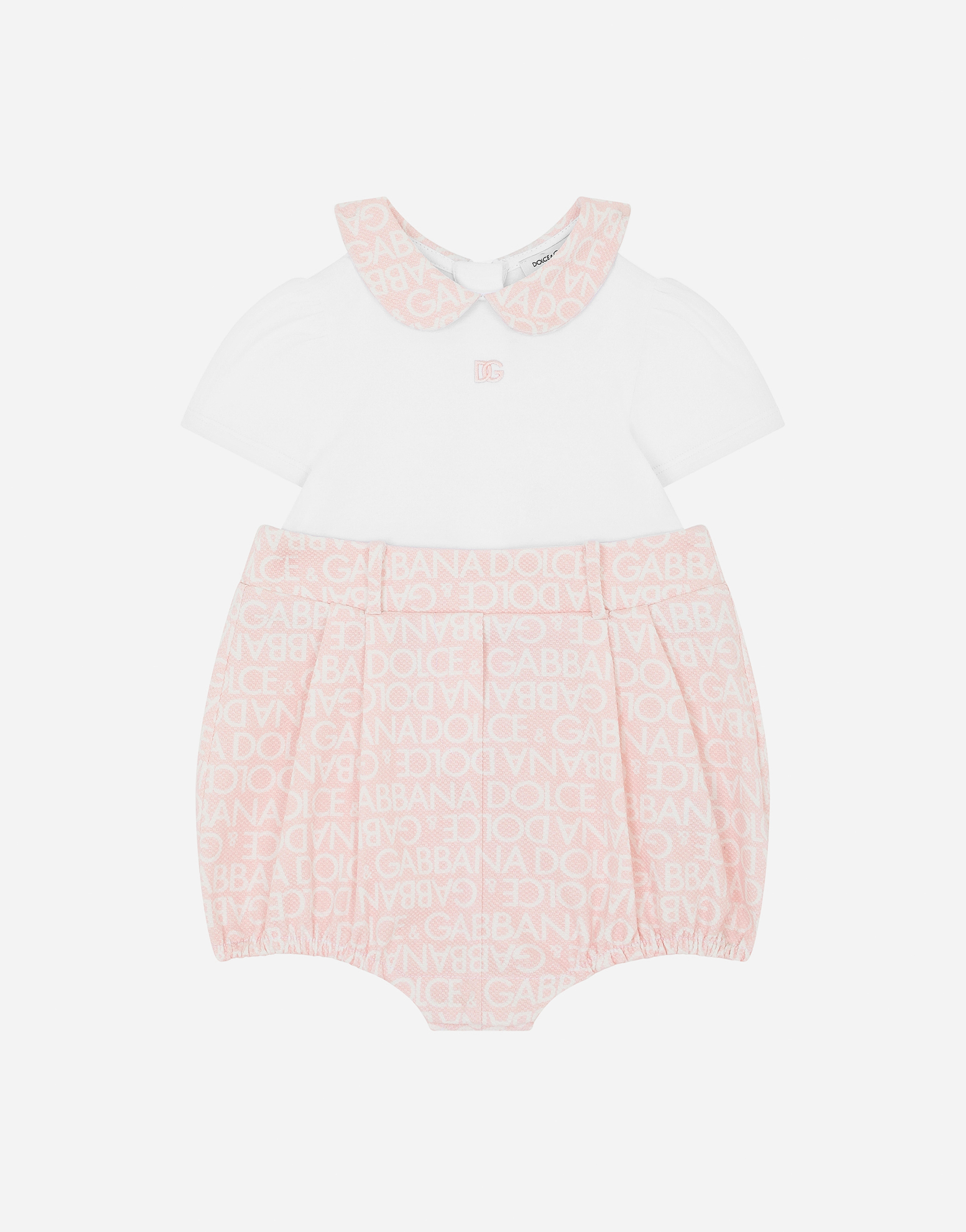 DOLCE & GABBANA POPLIN AND JERSEY ROMPER SUIT WITH ALL-OVER LOGO PRINT
