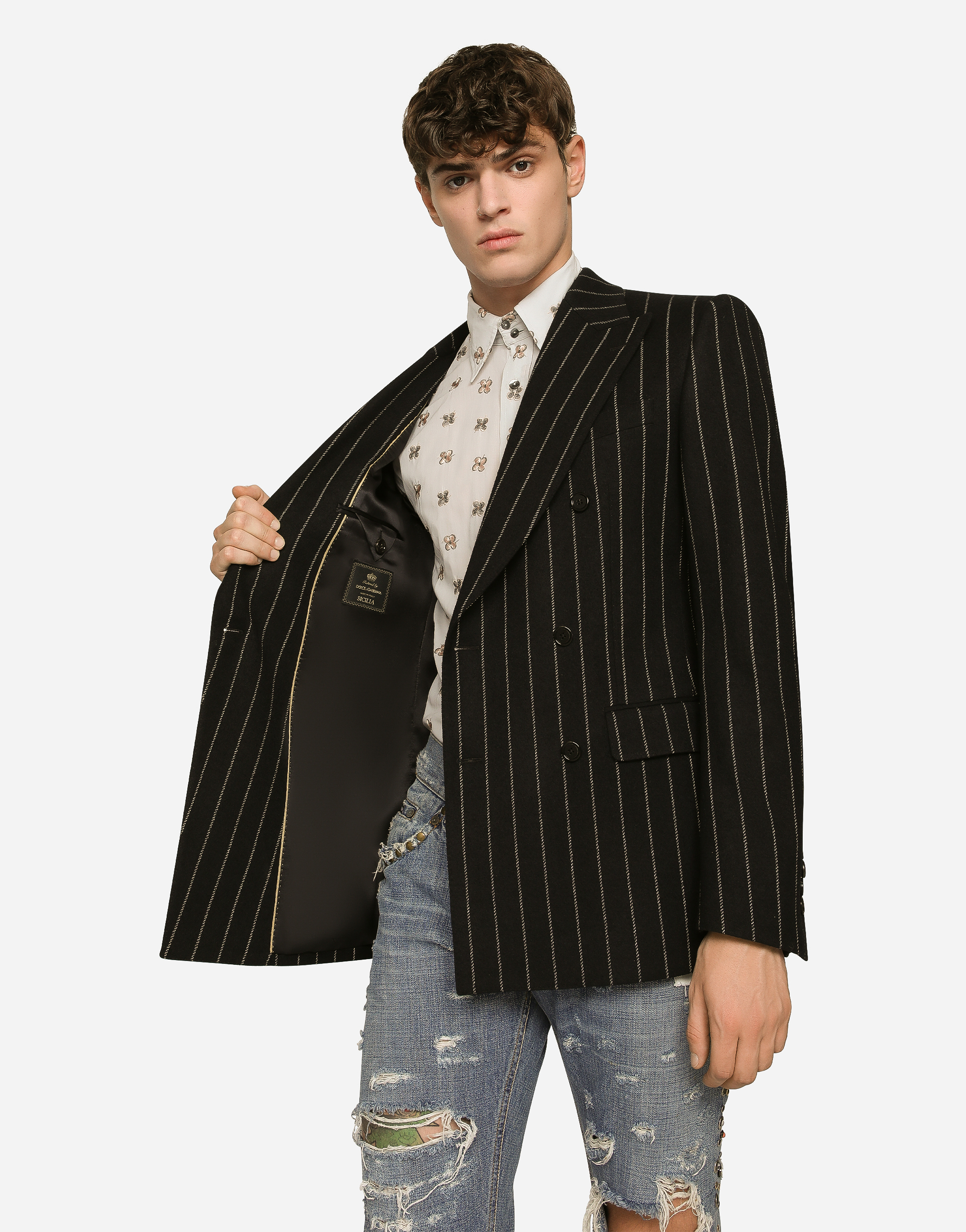 DOLCE & GABBANA DOUBLE-BREASTED JACKET IN PINSTRIPE STRETCH WOOL