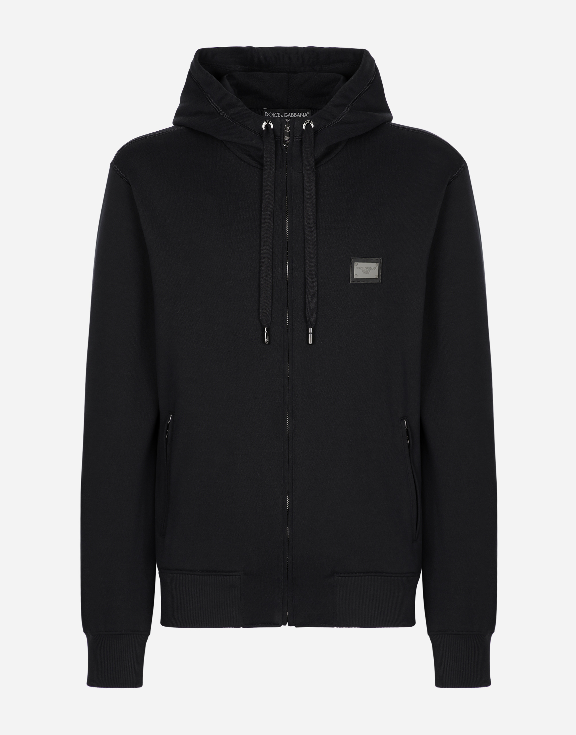 Dolce & Gabbana Black Hoodie With Plated Logo On The Chest In Blue