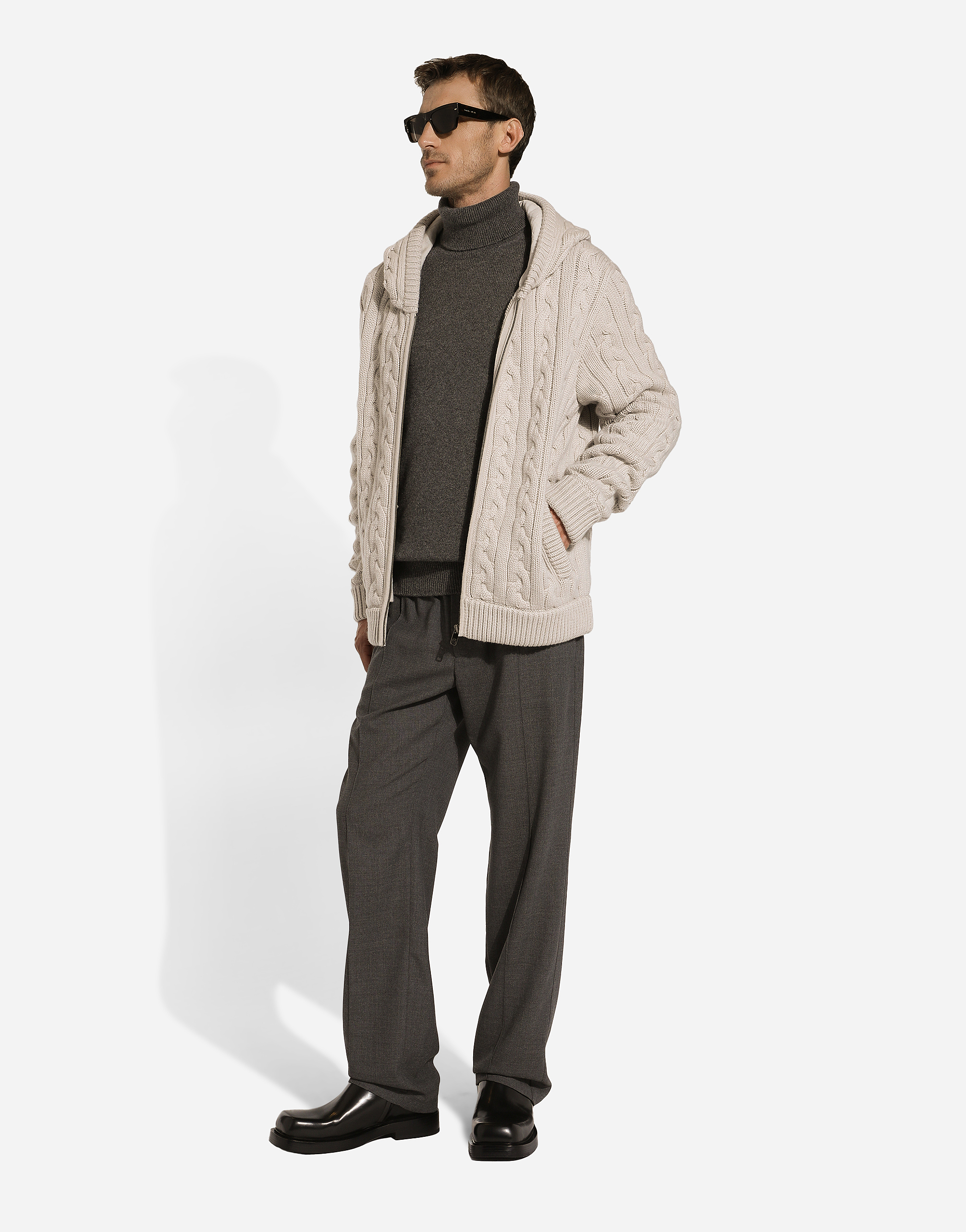 Dolce & Gabbana Cashmere And Wool Zip-up Hoodie With Dg Patch In Beige