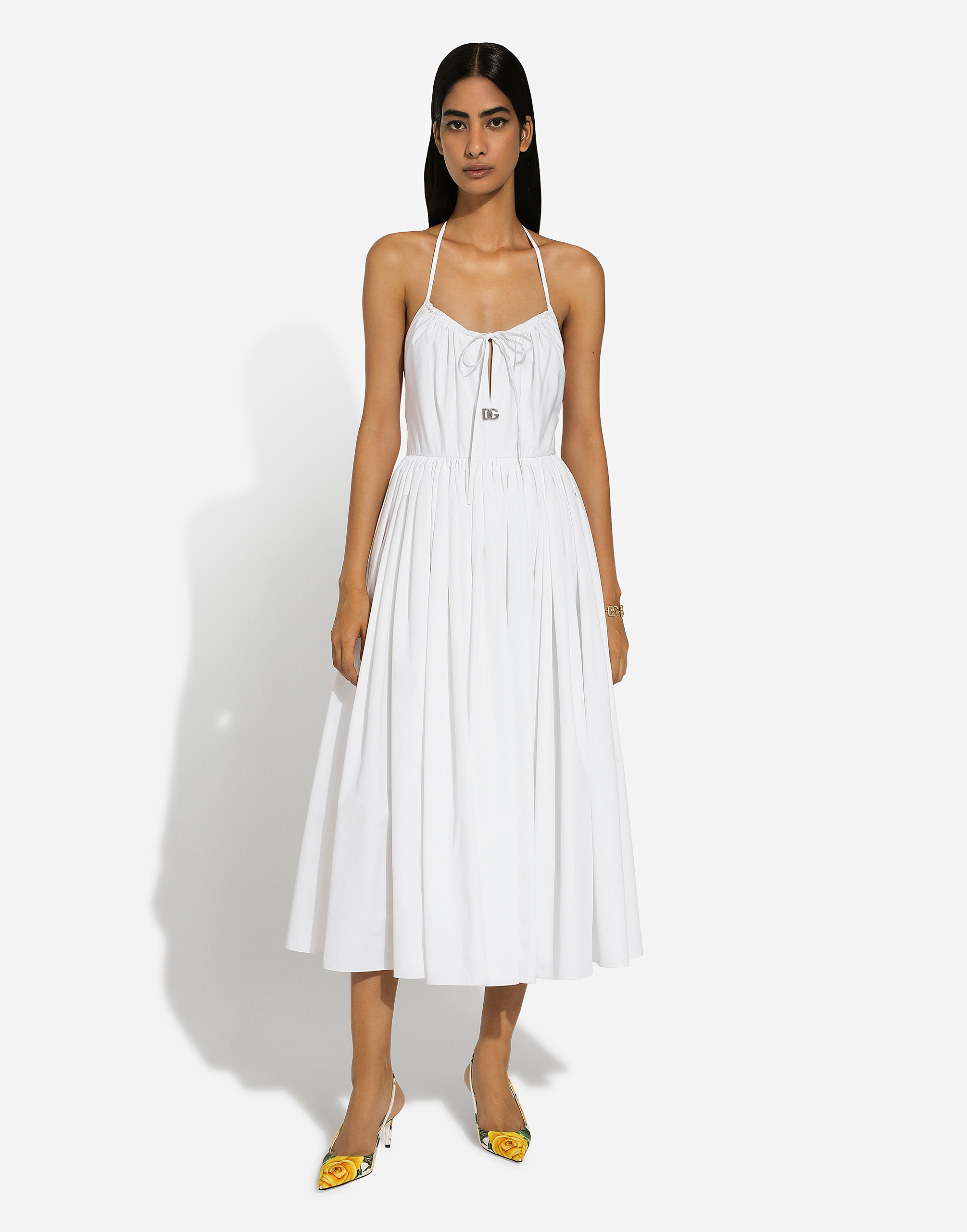 Shop Dolce & Gabbana Midi Cotton Dress With Circle Skirt In White