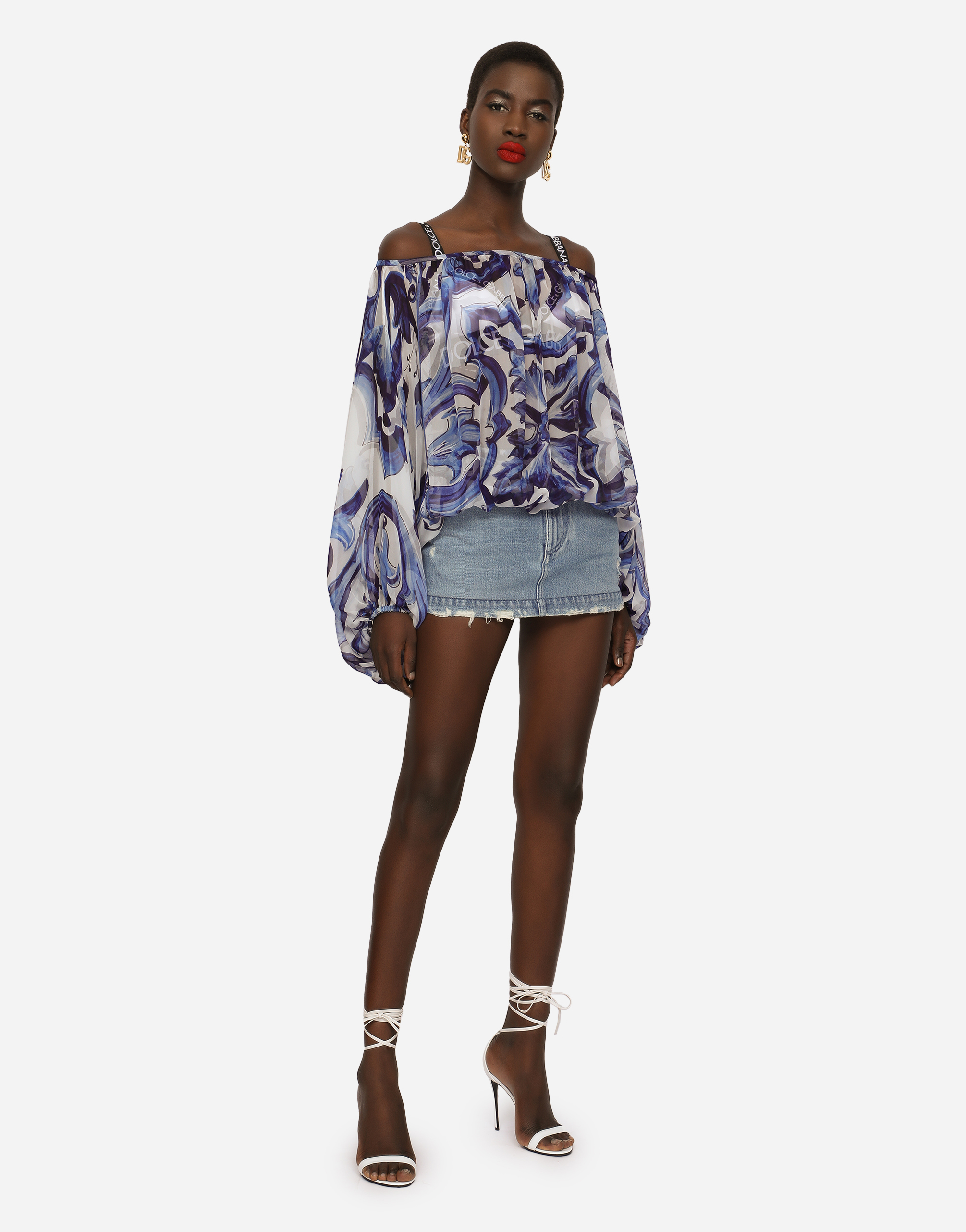 Majolica-print chiffon blouse