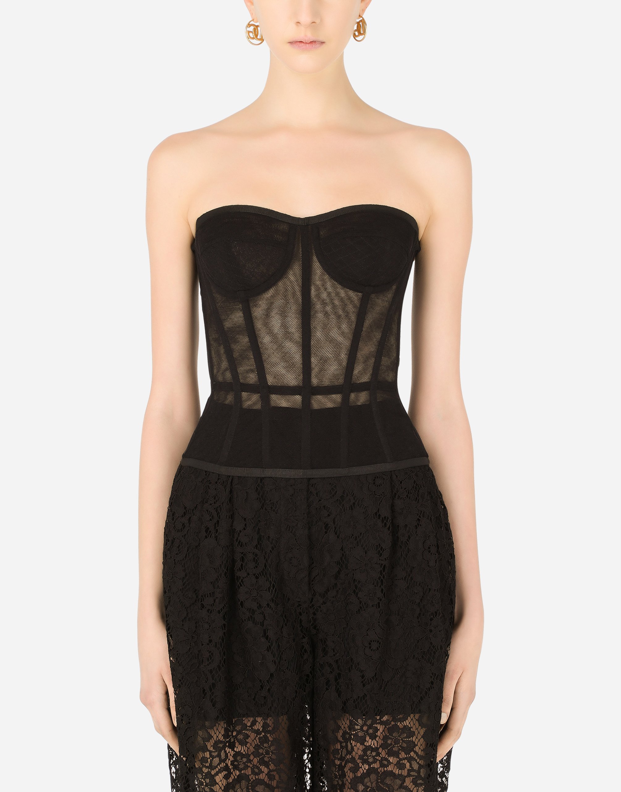 Dolce & Gabbana Sheer Cotton Stretch Tulle Corset In Black