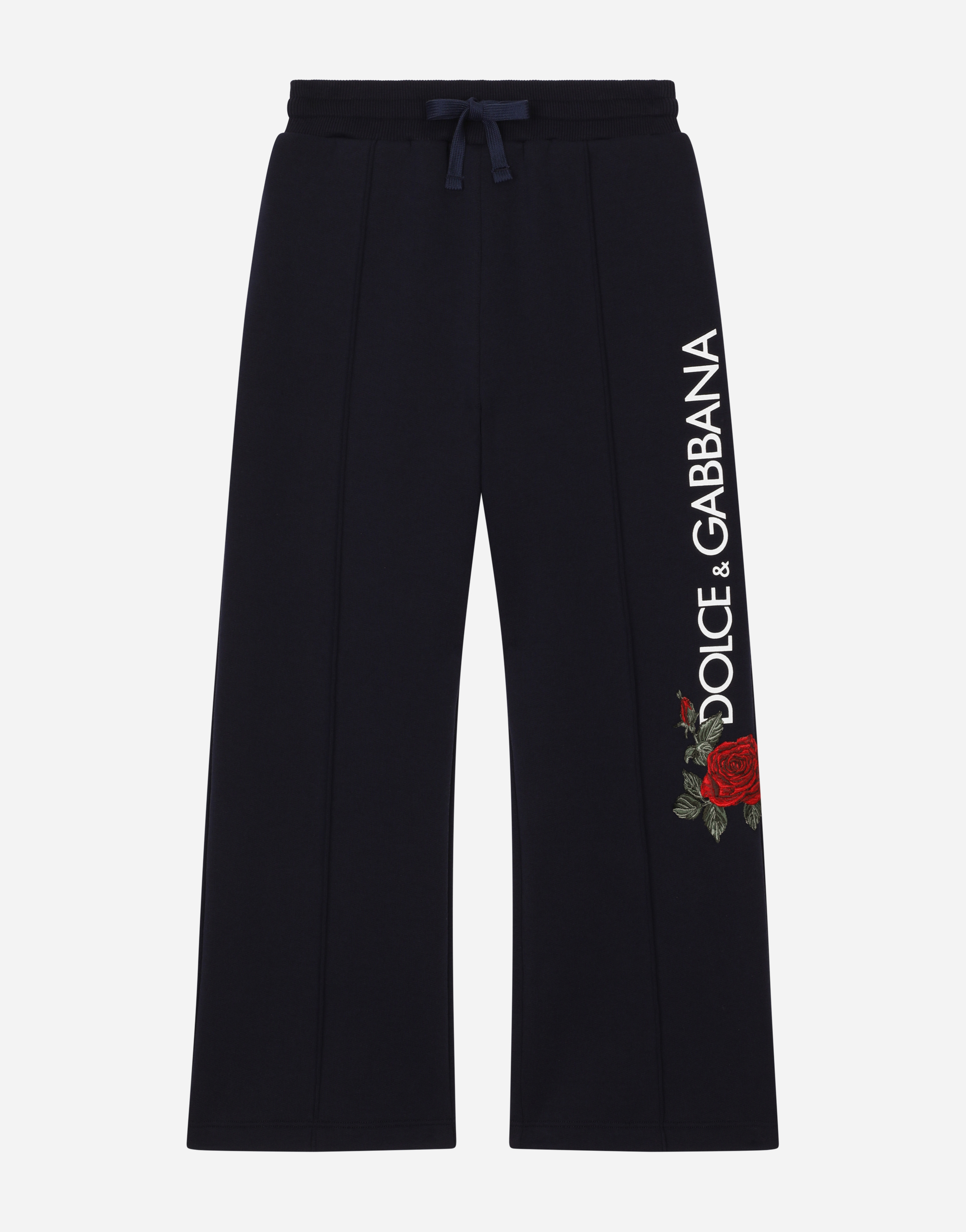 Dolce & Gabbana Jersey Jogging Pants With Logo And Rose Print - Woman Trousers And Skirts Blue Cotton 8 Years