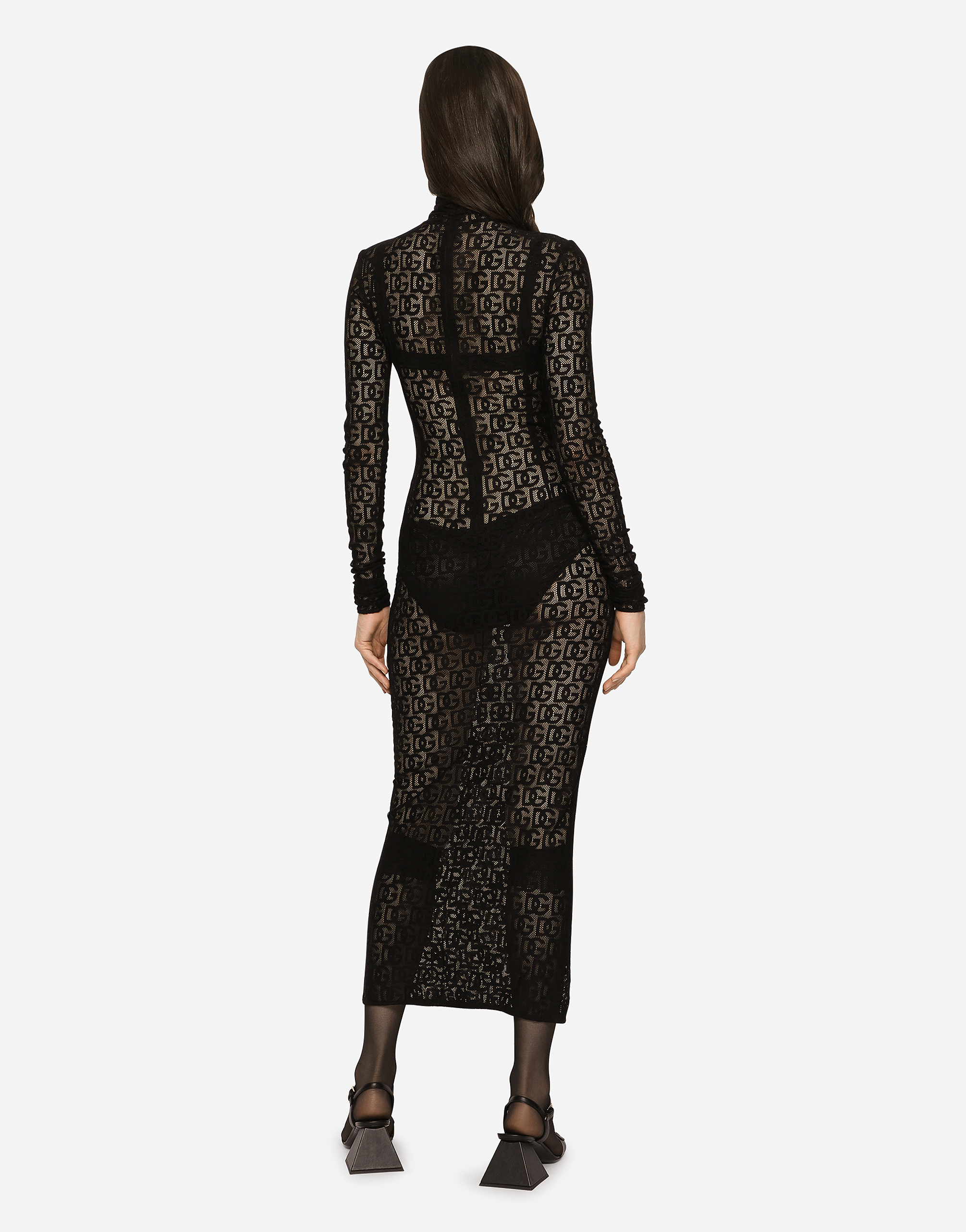 Dolce & Gabbana Tulle Calf-length Dress With All-over Dg Logo In Black