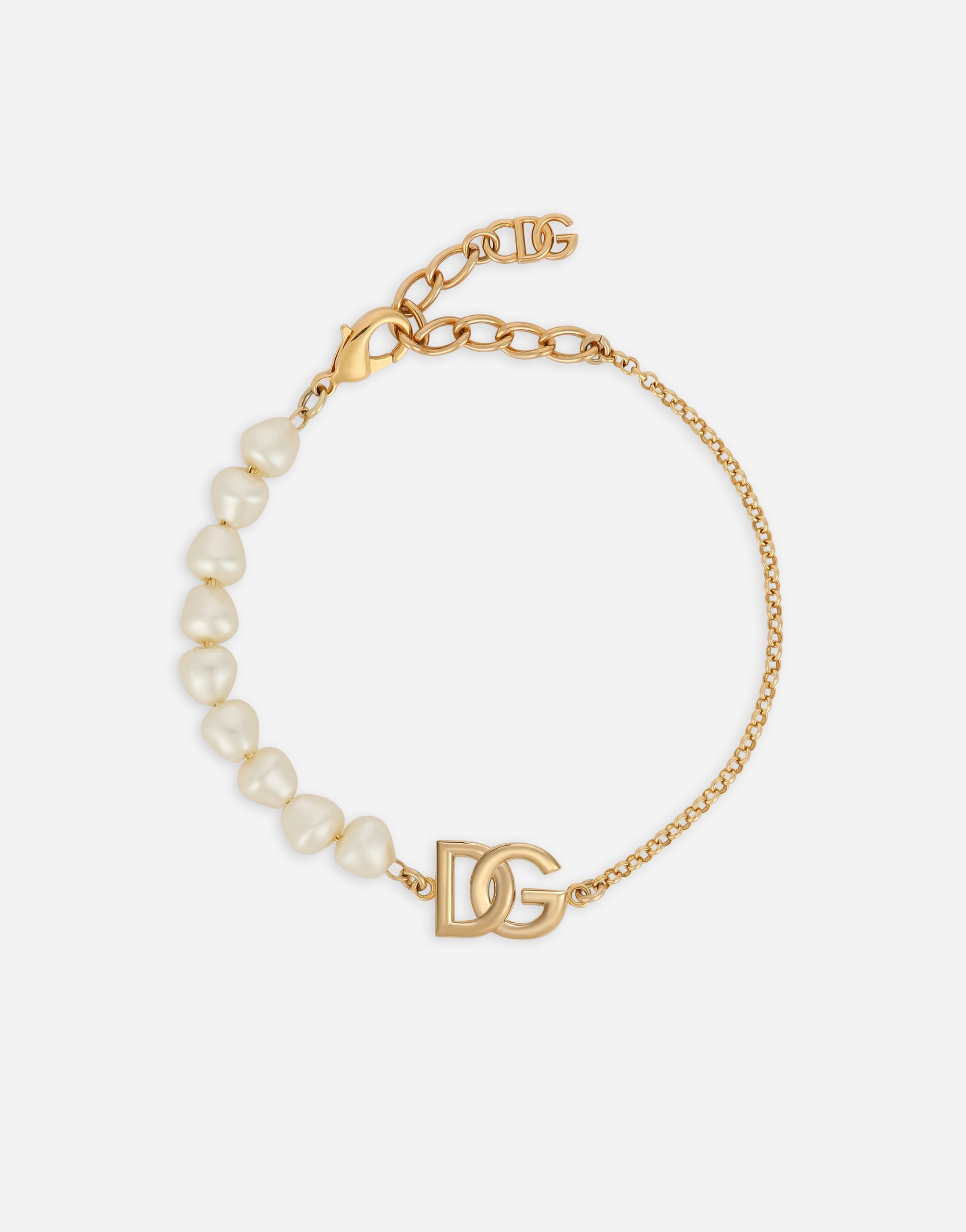 Shop Dolce & Gabbana Link Bracelet With Pearls And Dg Logo In Gold