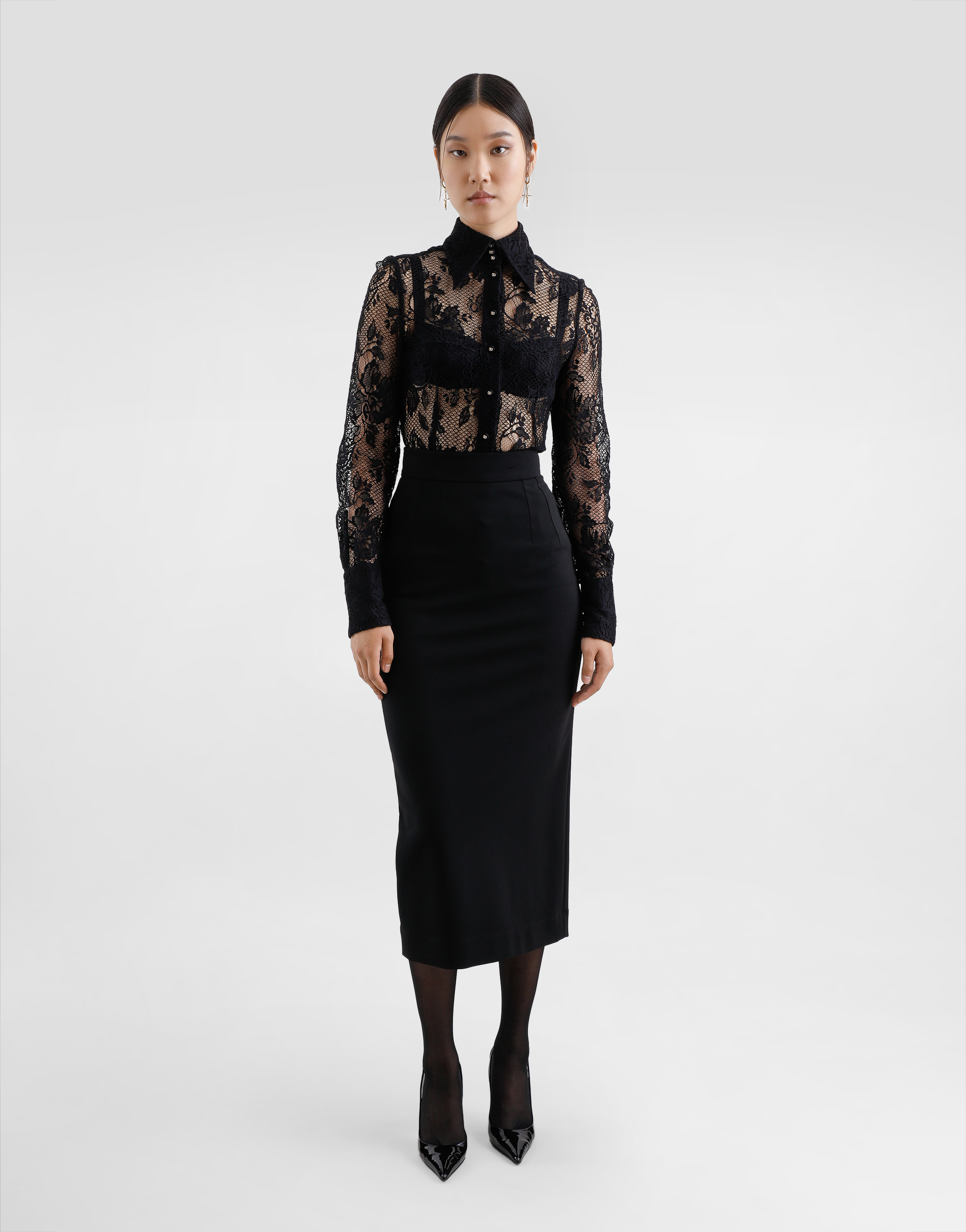 Dolce & Gabbana Floral Lace Shirt With Scalloping In Black