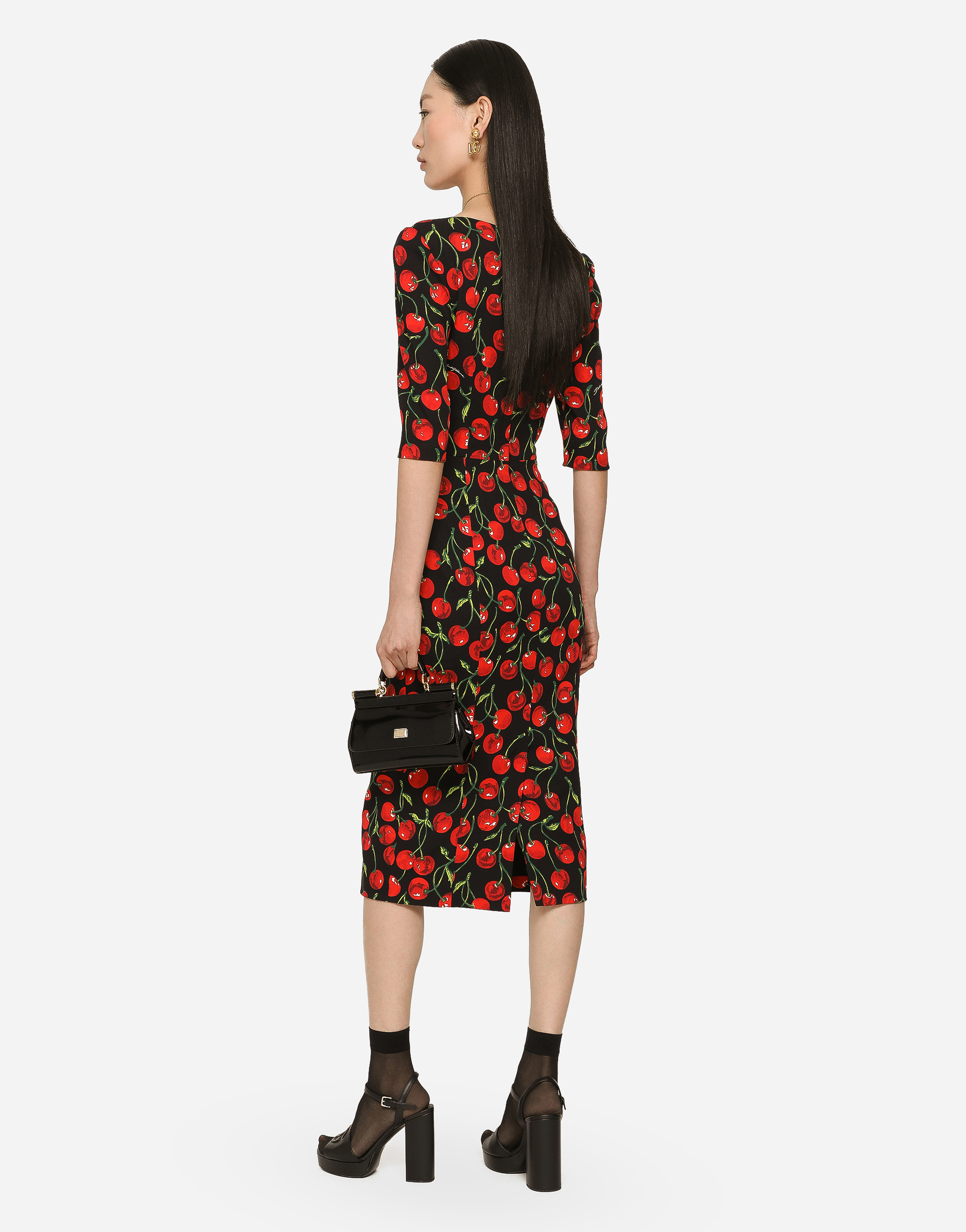 DOLCE & GABBANA CHERRY-PRINT CHARMEUSE CALF-LENGTH DRESS