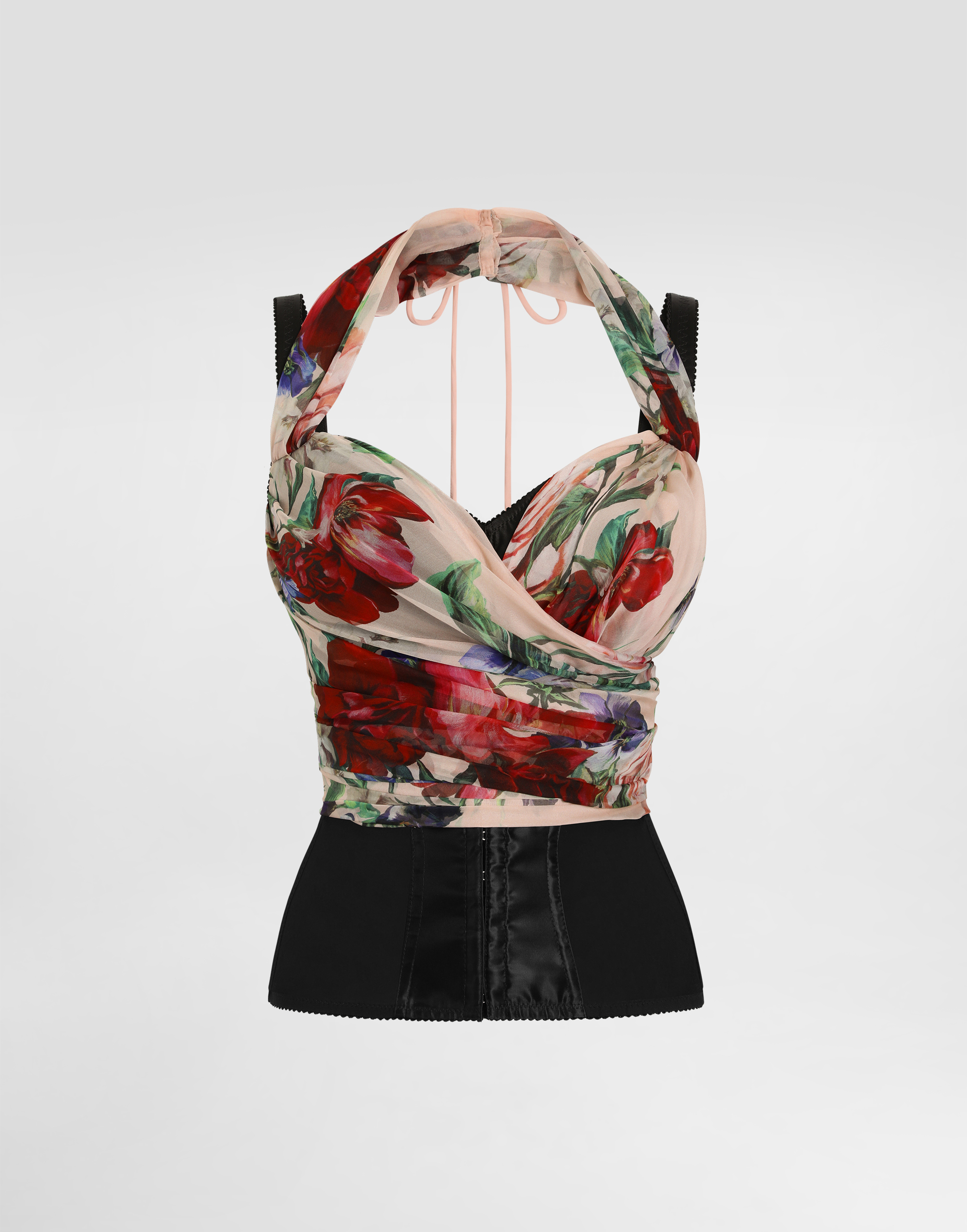 Dolce & Gabbana Rose Red Top With Halterneck Tie Fastening In Print
