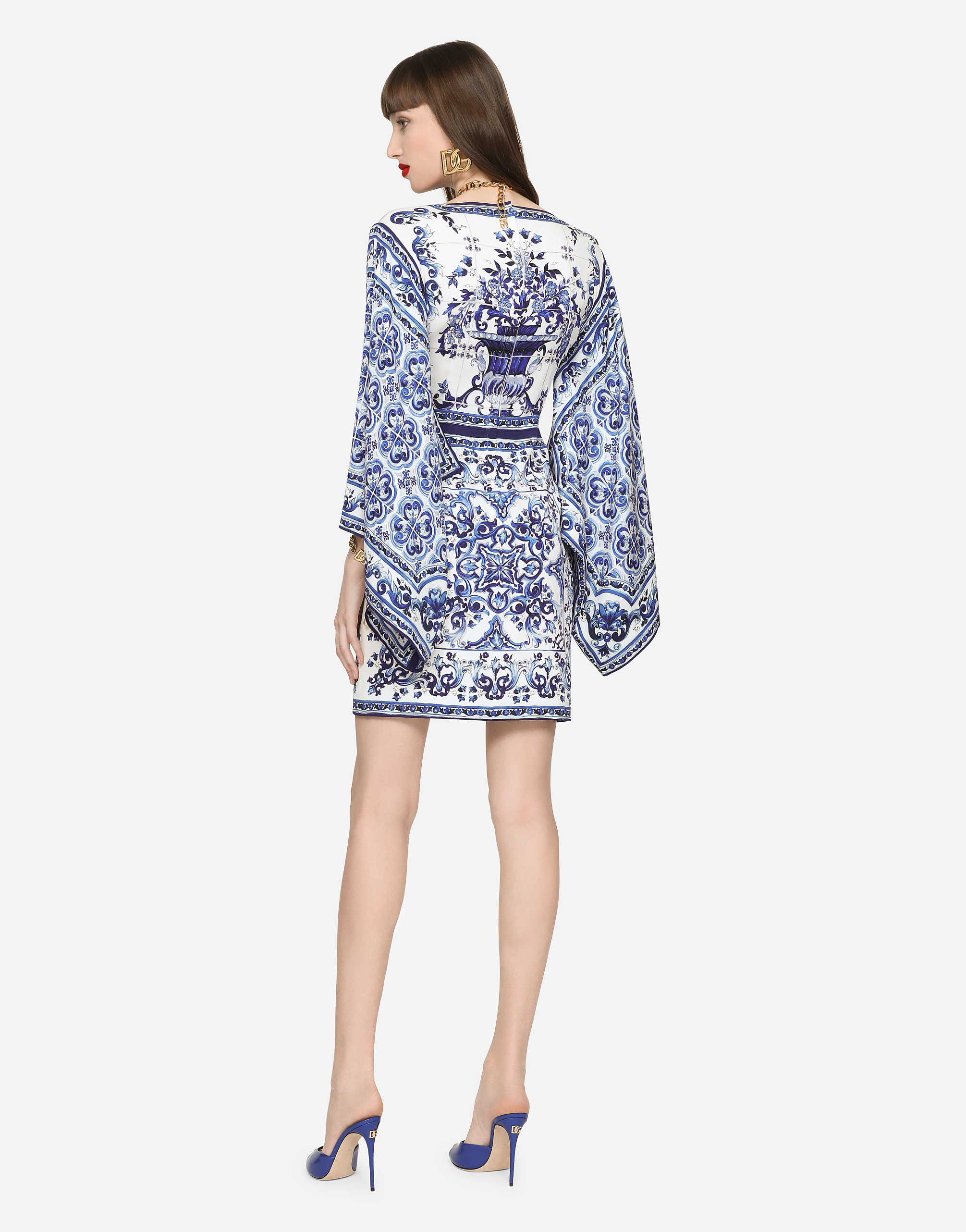 DOLCE & GABBANA SHORT MAJOLICA-PRINT CHARMEUSE DRESS