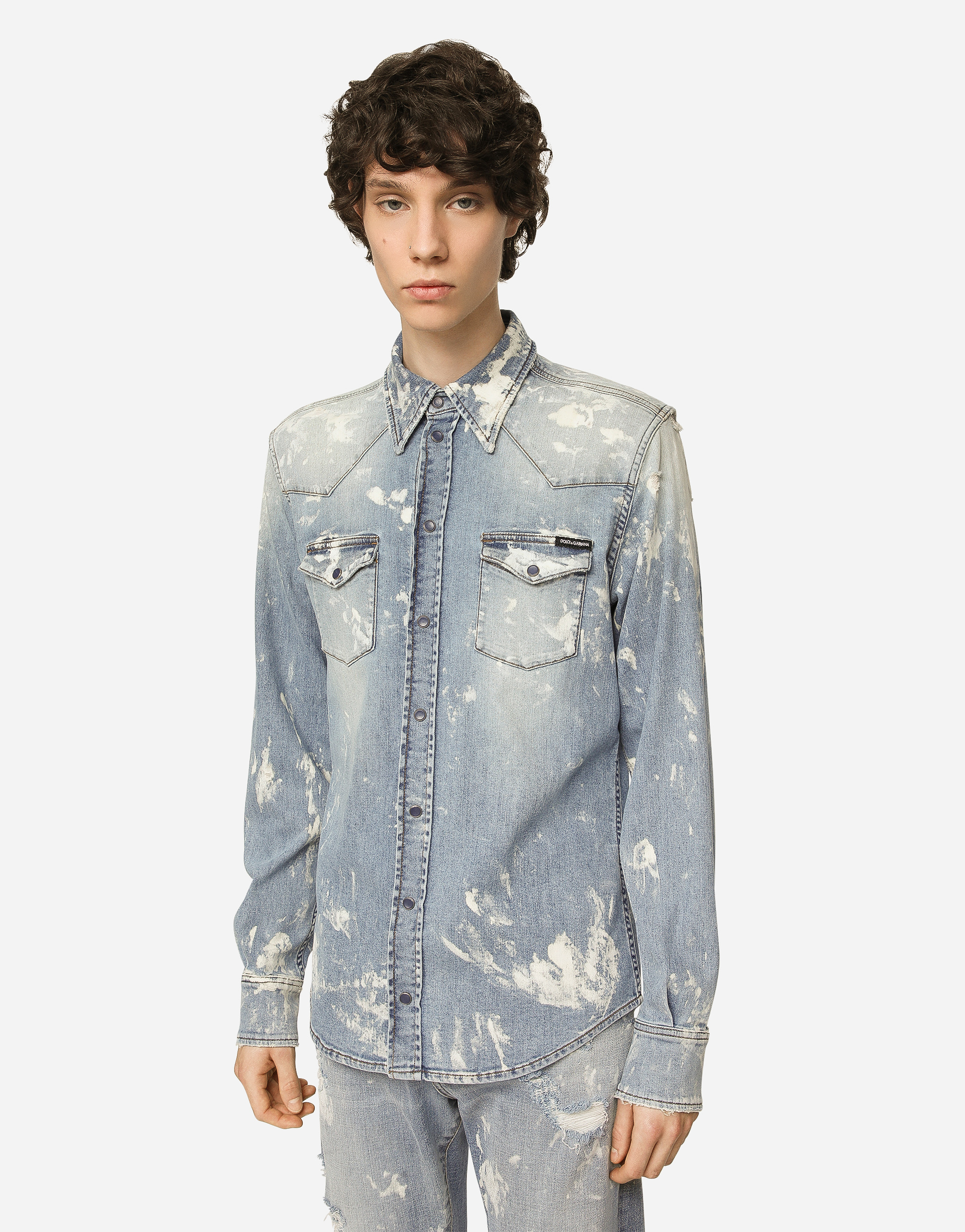 DOLCE & GABBANA BLEACH WASH STRETCH DENIM SHIRT