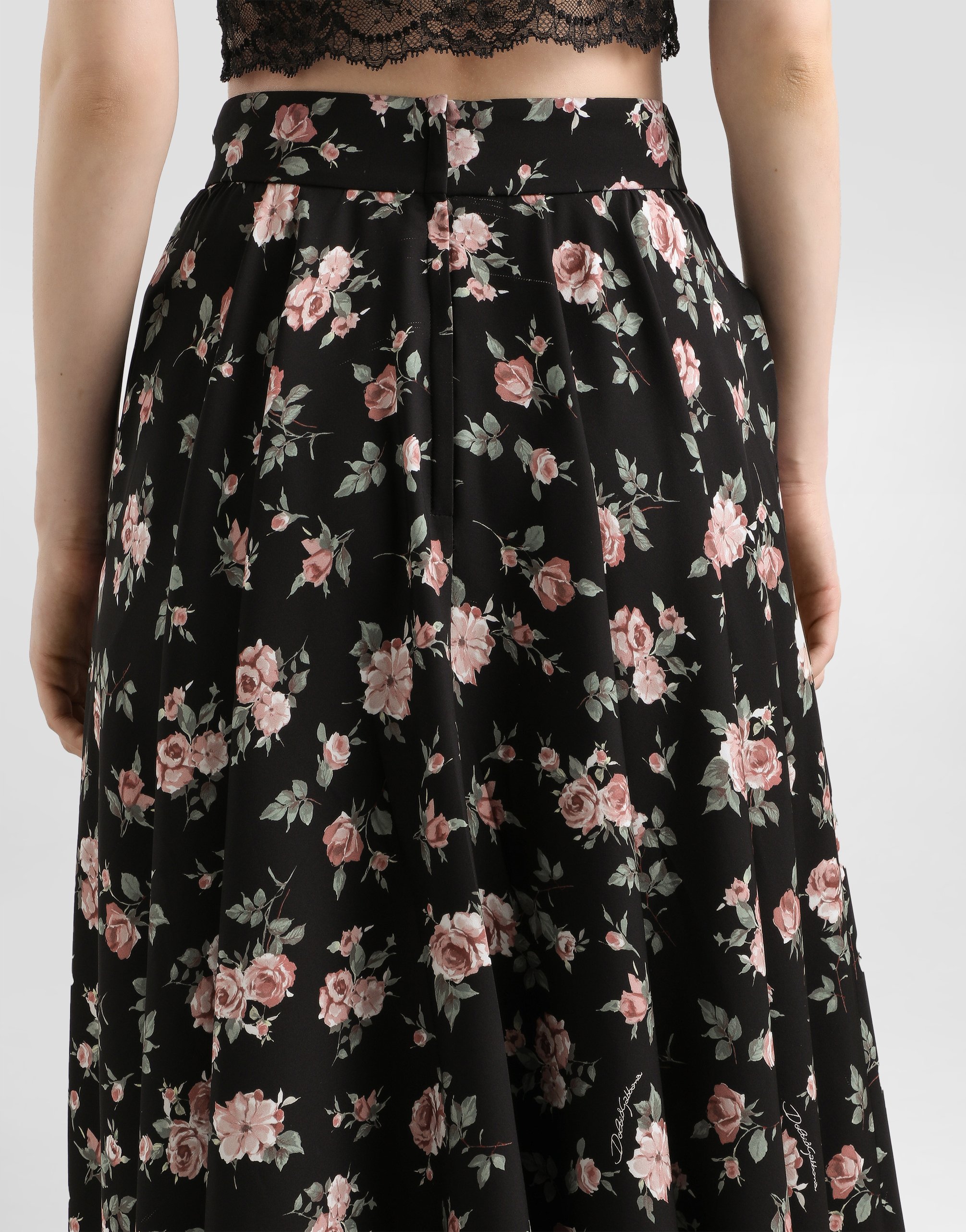 Dolce & Gabbana Vintage Roses-print Charmeuse Circle Skirt In Black