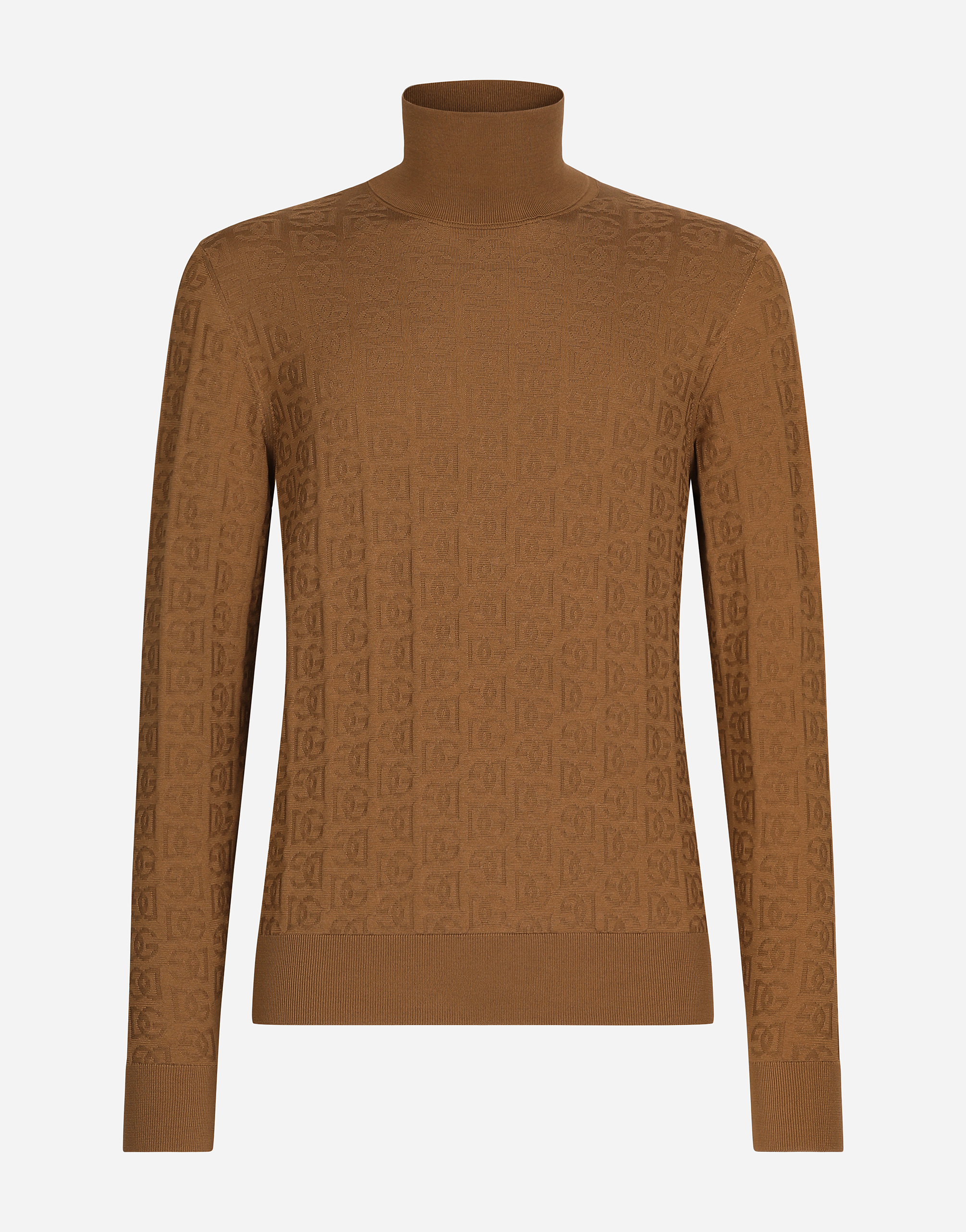 Shop Dolce & Gabbana Silk Jacquard Turtleneck Sweater With Dg Logo In Beige