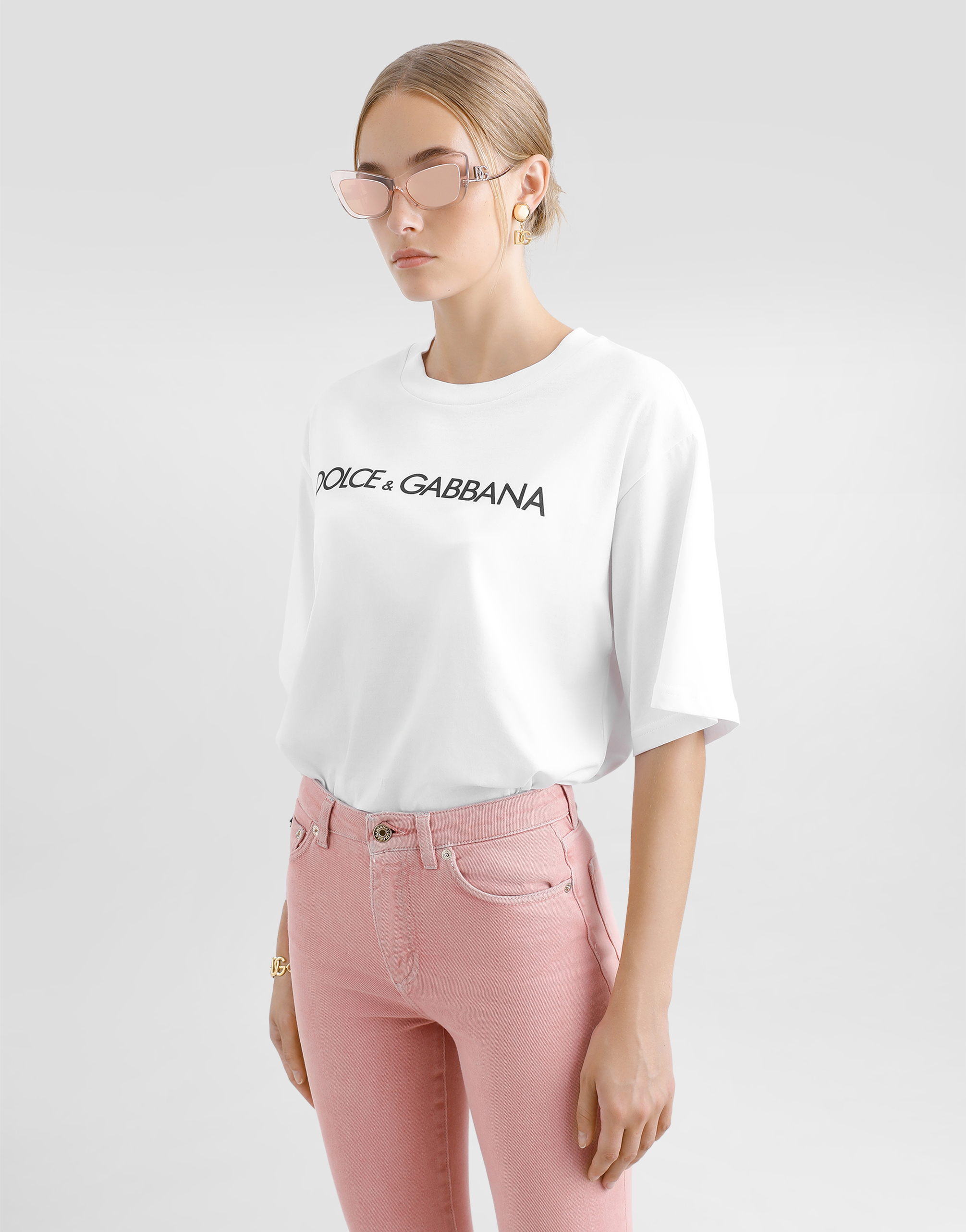 Shop Dolce & Gabbana Short-sleeved Cotton T-shirt With Dolce&gabbana Lettering In White