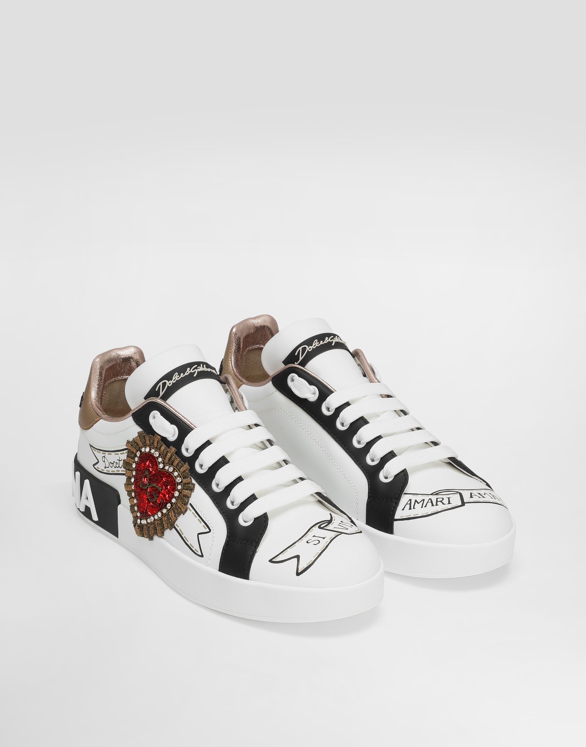  Dolce & Gabbana Printed Calfskin Nappa Portofino Sneakers With Embroidery - Woman Sneakers White Leather 39.5 