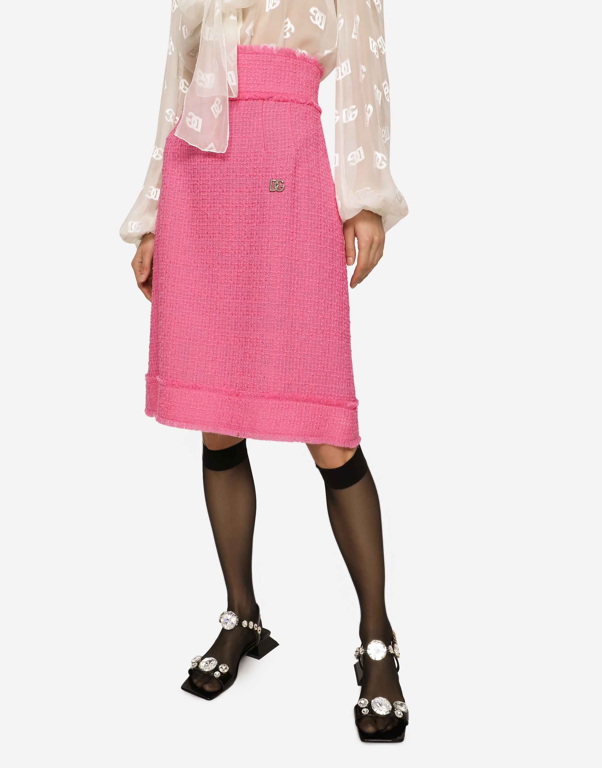 Shop Dolce & Gabbana Raschel Tweed Midi Skirt In Pink