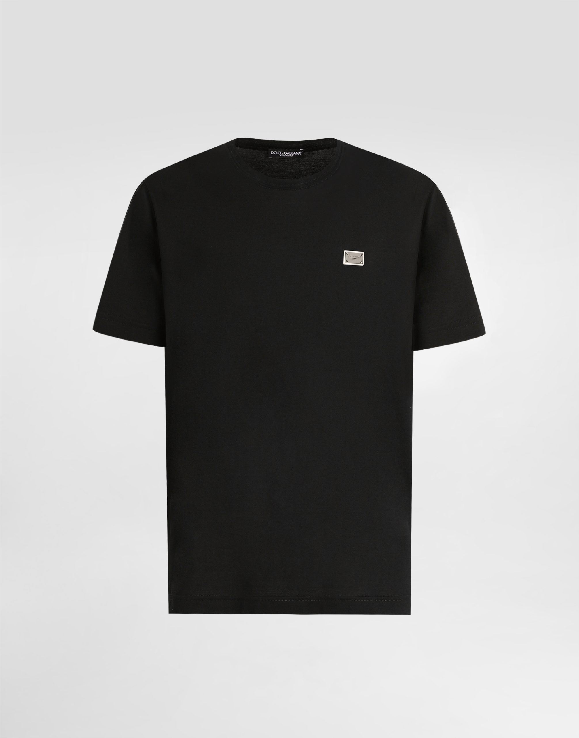 Dolce & Gabbana Cotton T-shirt With Metal Plaque Featuring Front Logo In Black
