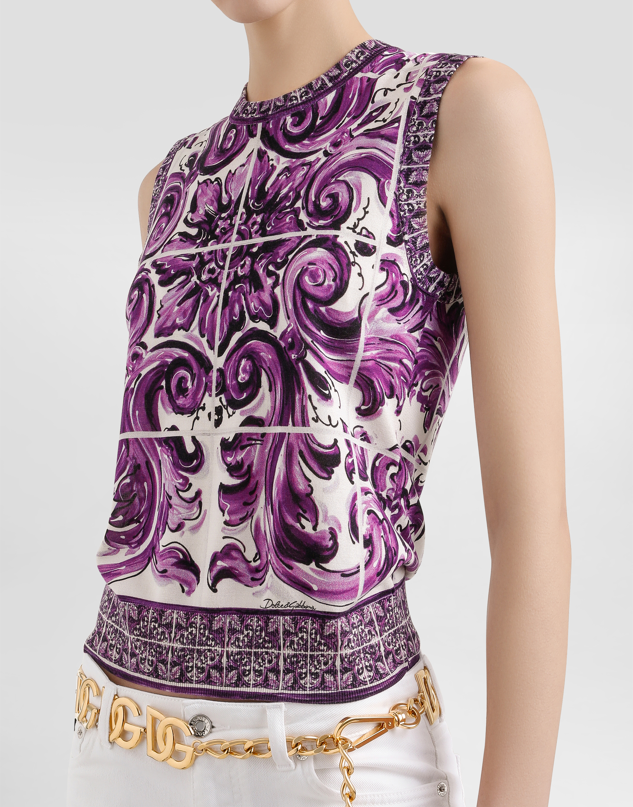 Majolica-print silk tank top
