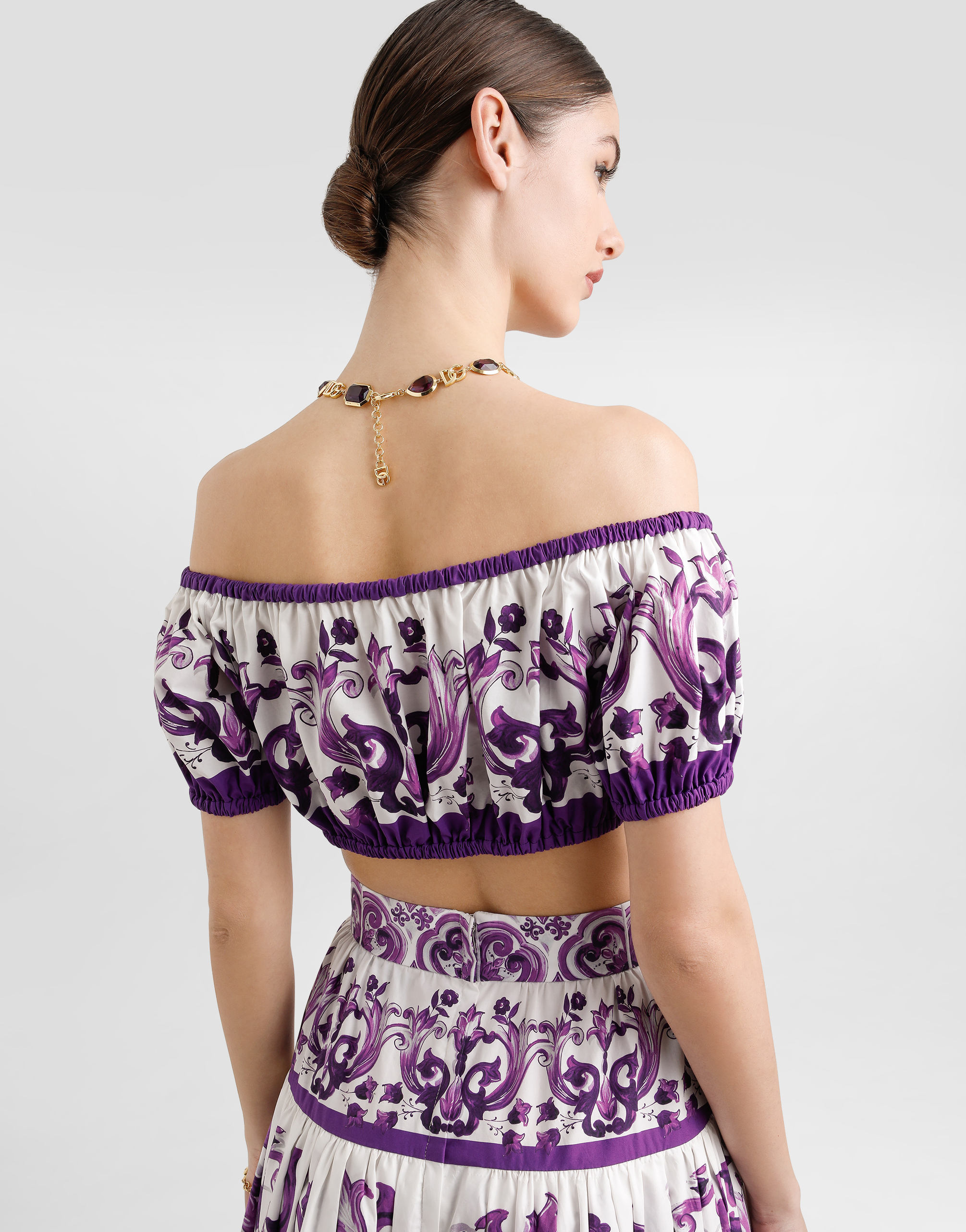 Dolce & Gabbana Violet Off-shoulder Cropped Top With All-over Floral Print In Cotton Woman