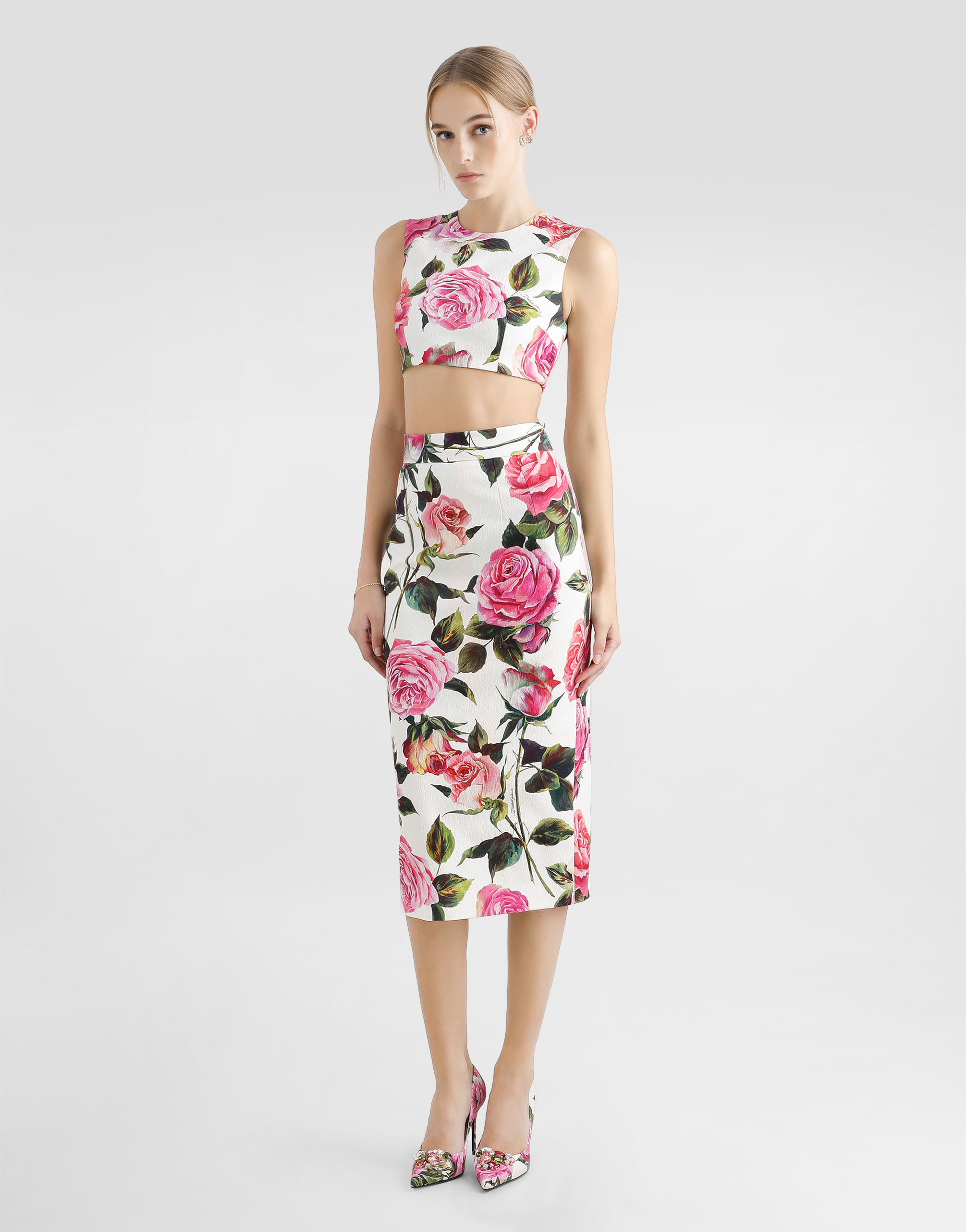 DOLCE & GABBANA ROSE-PRINT COTTON JACQUARD CALF-LENGTH SKIRT 