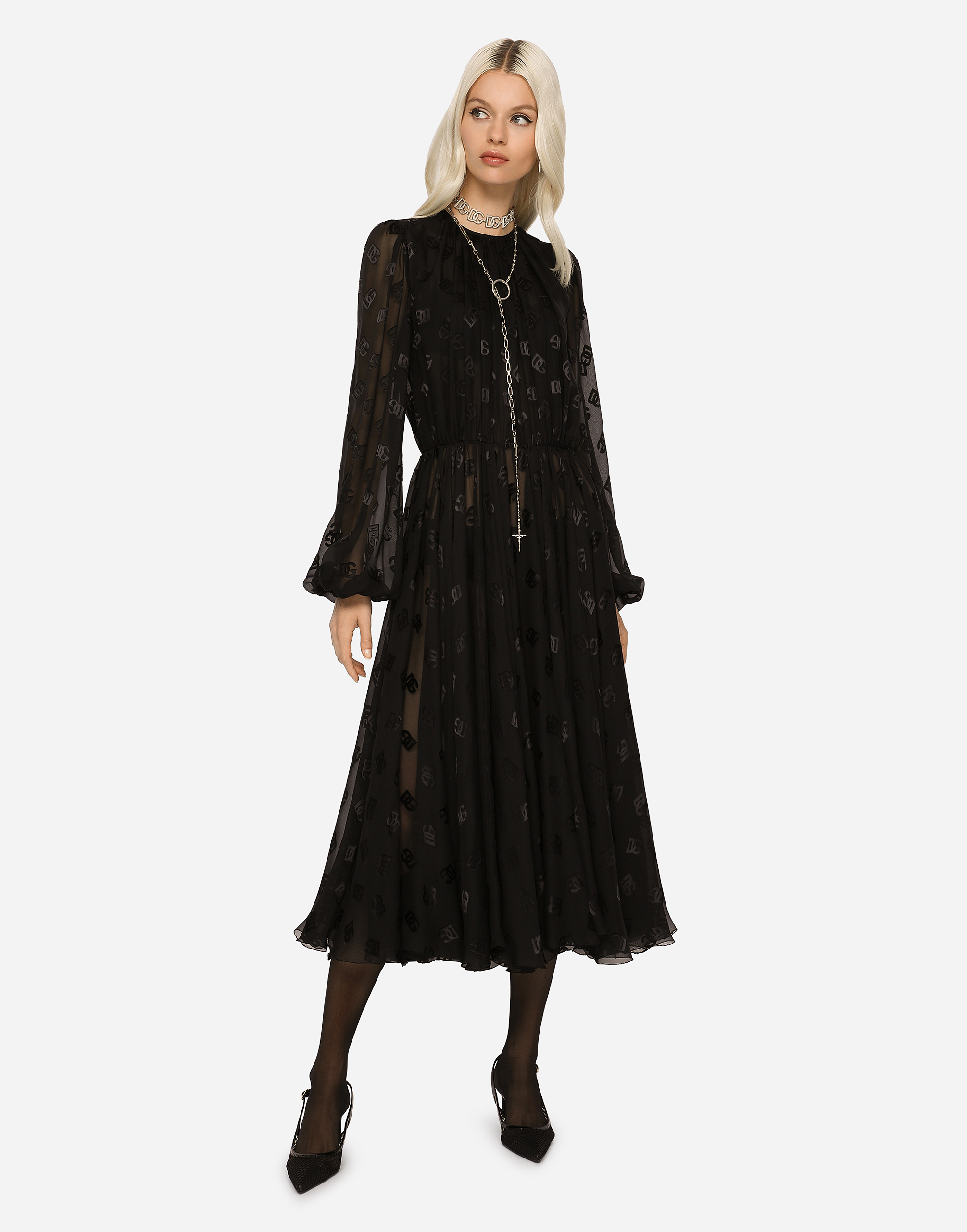 Dolce & Gabbana Devoré Satin Dress With All-over Dg Logo In Black