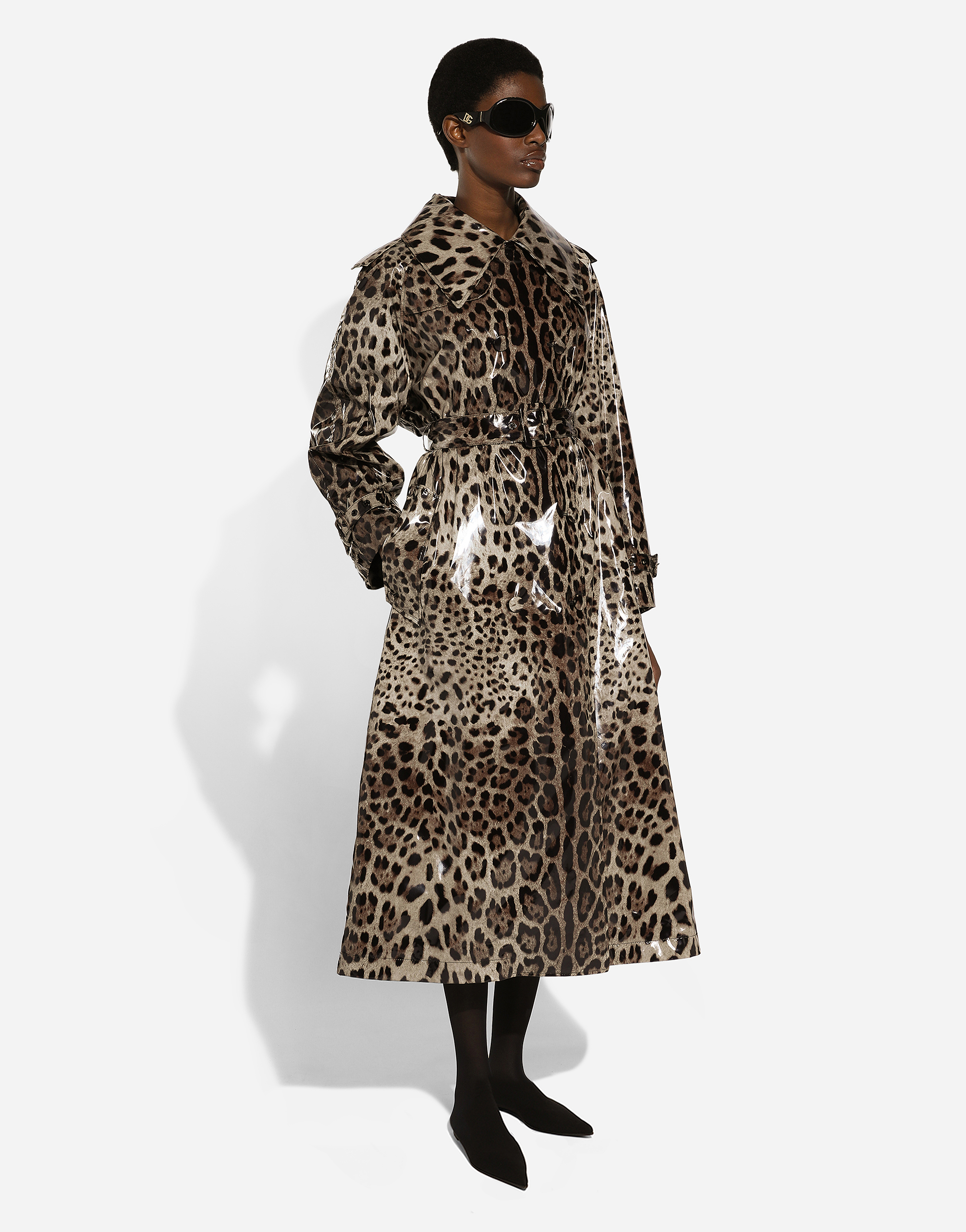 Leopard-print coated satin trench coat