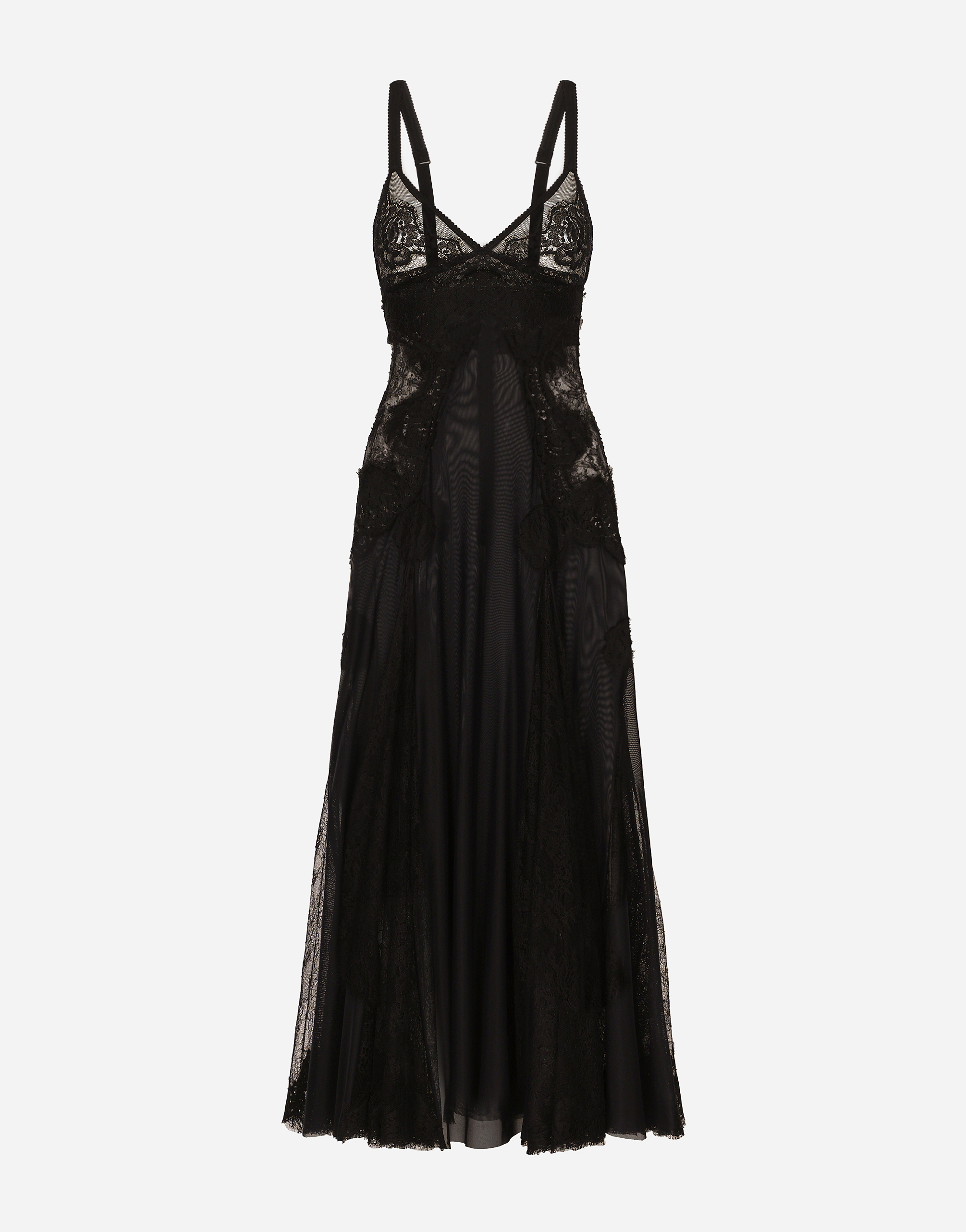 Tulle midi slip dress with lace inserts in Black for Women