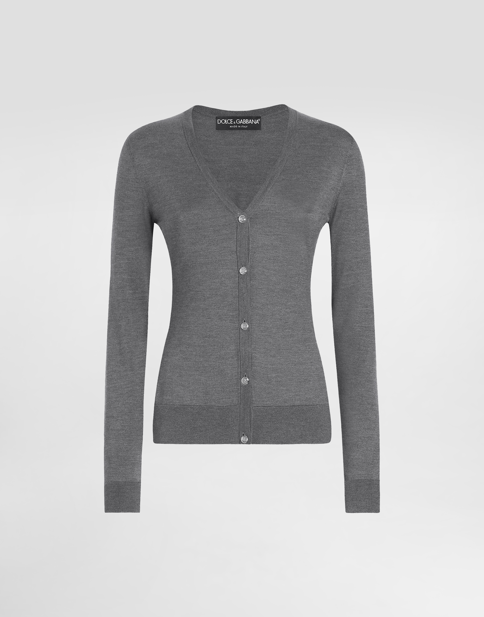 Dolce & Gabbana Silk V-neck Cardigan With Dg Logo Embroidery - Woman Sweaters And Cardigans Grey