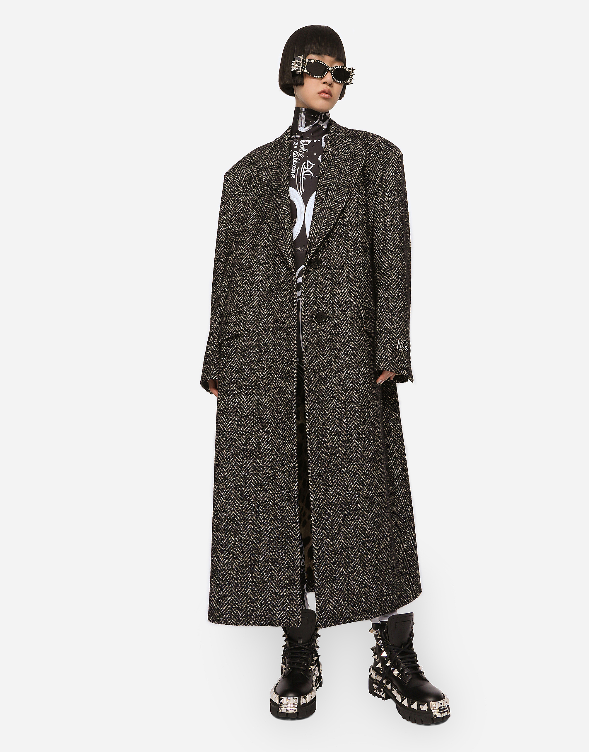 Dolce & Gabbana Oversize Herringbone Coat With Half-belt In Multicolor
