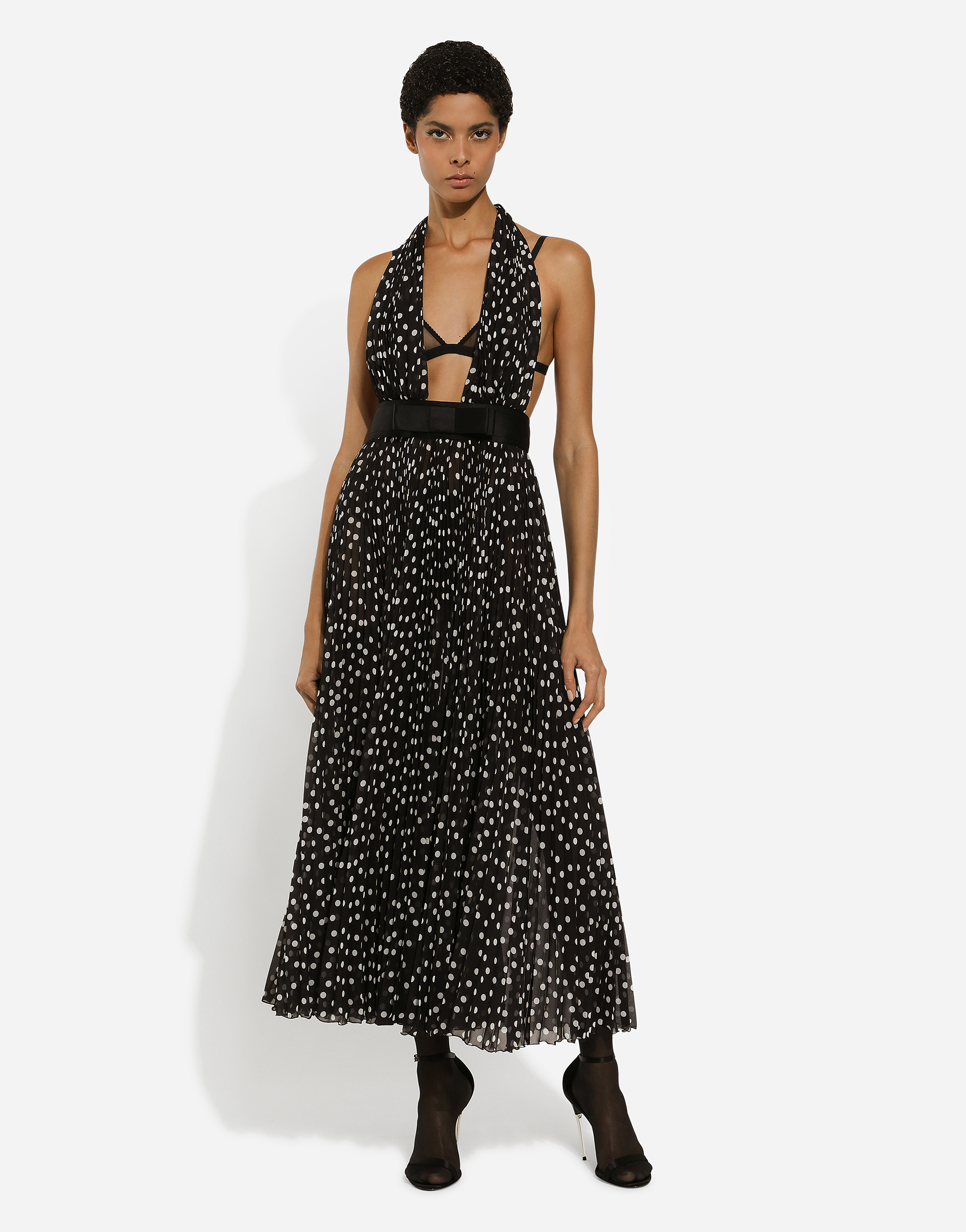 Dolce & Gabbana Polka-dot Plisse Midi Halter Dress In プリ