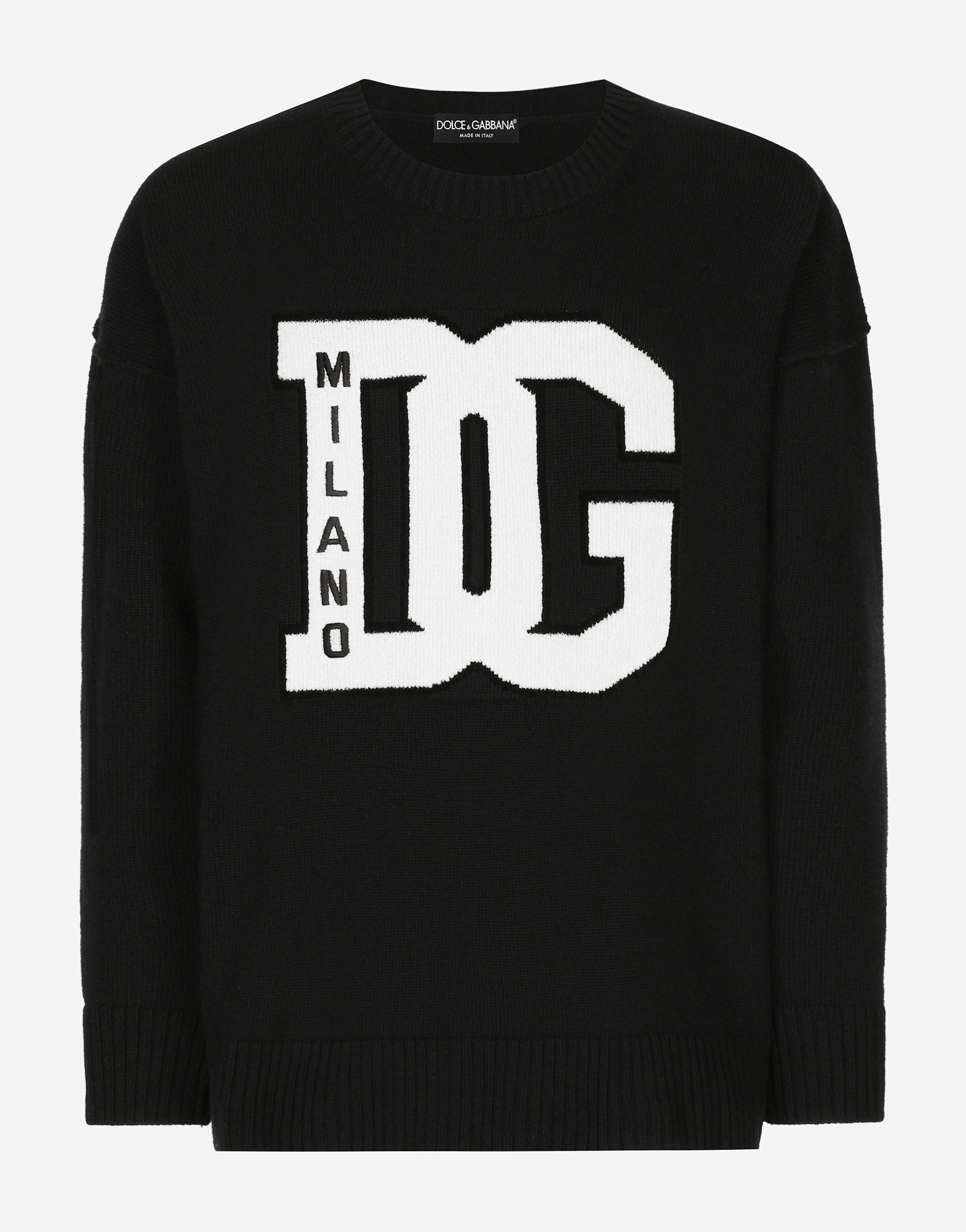 Dolce & Gabbana Wool Round-neck Sweater With Dg Inlay - Man Sweaters And Cardigans Black Xs