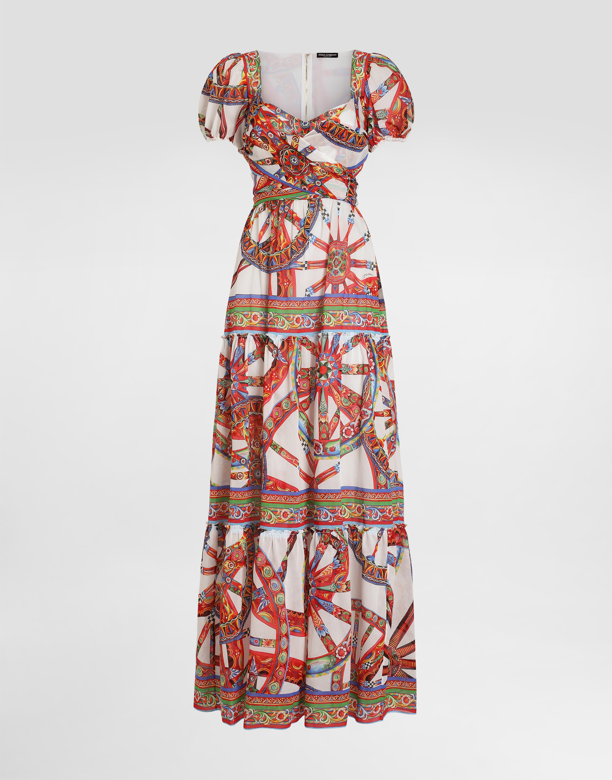 Dolce & Gabbana Long Batiste Dress With Carretto-print In Multicolor